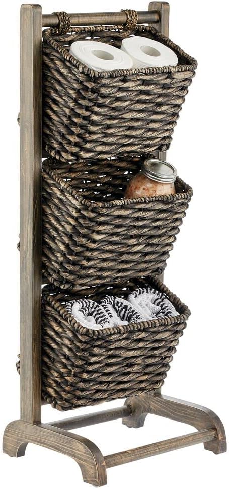 White/Gray Wash 3 Tier Wood Storage Basket Stand U6077