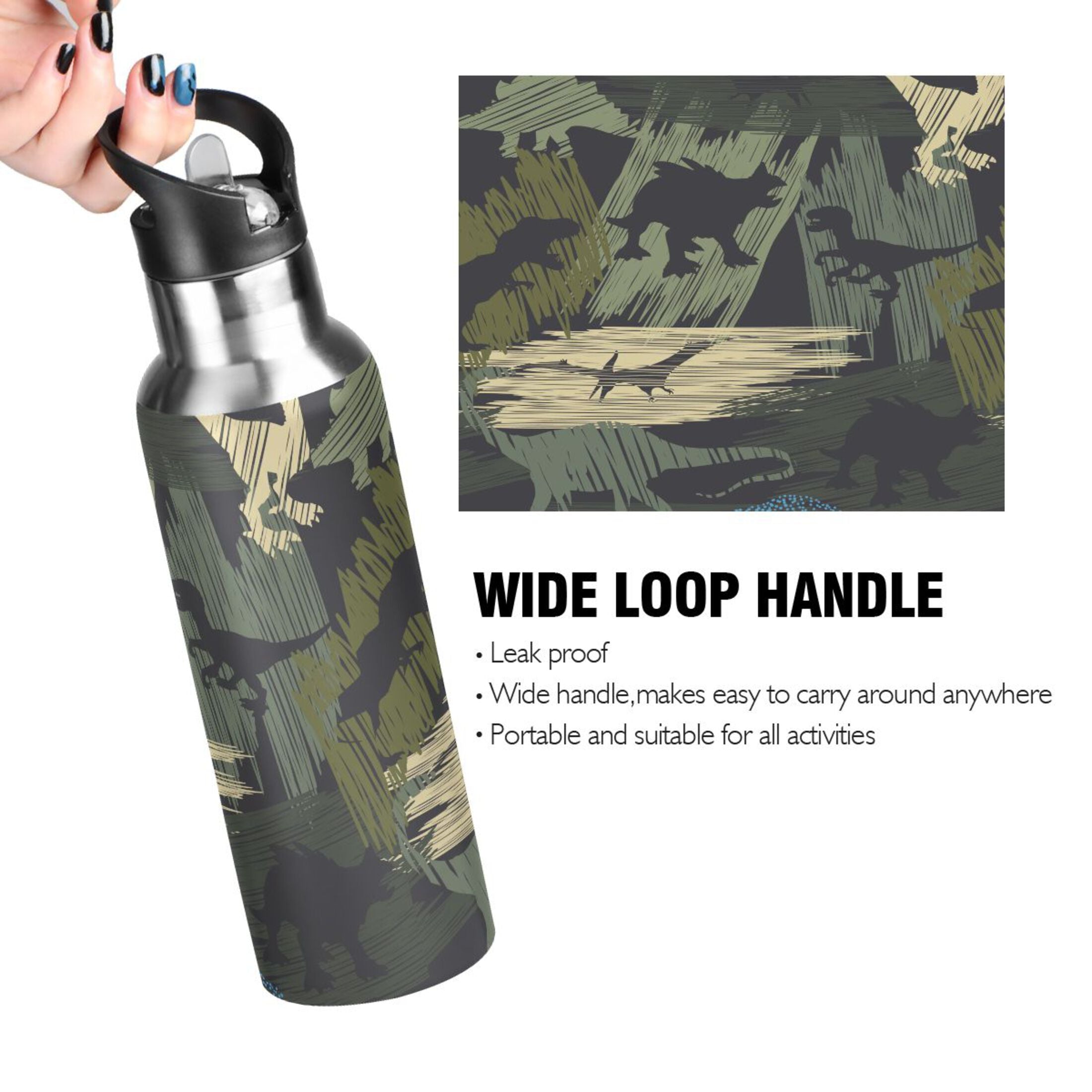 Camouflage Dinosaur Stainless Steel Water Bottle with Straw Lid, 20 OZ I726