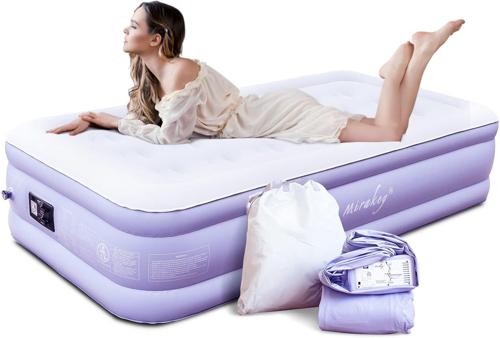 Light Blue White Velvet Flocked Twin Air Mattress with Built in Pump B16281