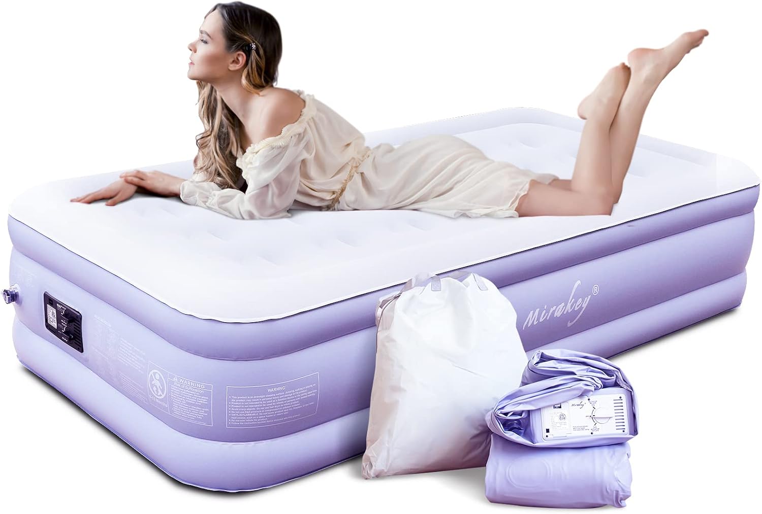 Light Blue White Velvet Flocked Twin Air Mattress with Built in Pump B16281