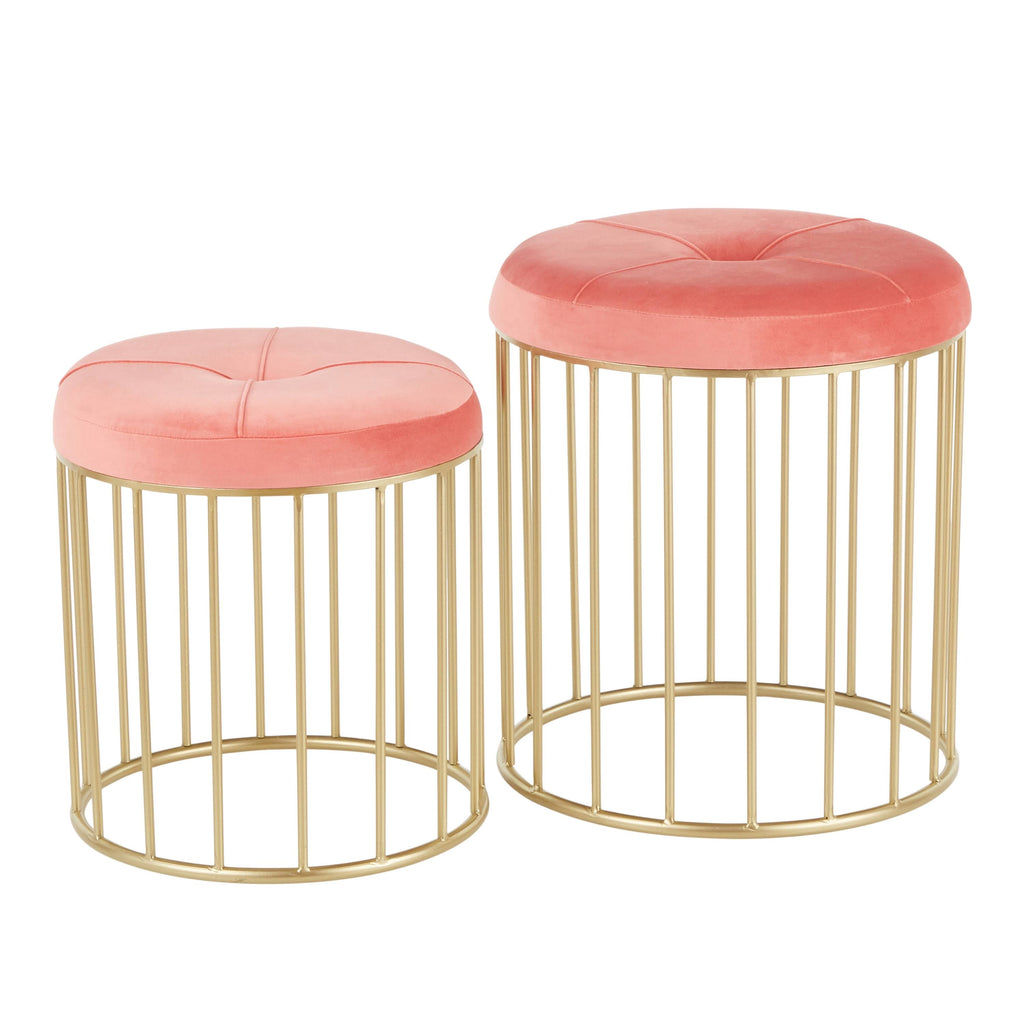 Gold Metal Pink Velvet Nesting Ottoman Set G4828