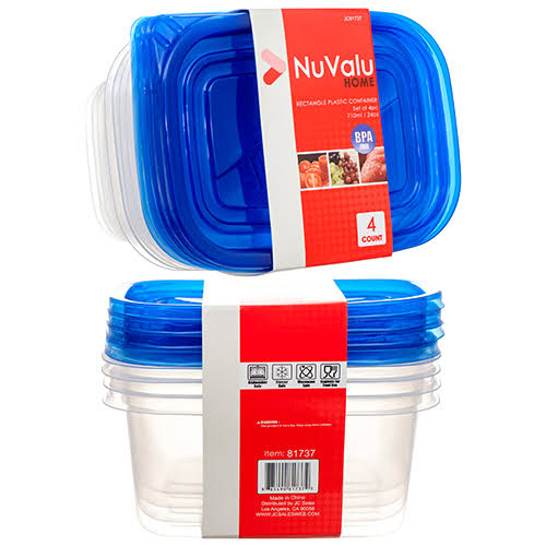 Plastic Container Rectangular 24oz 4pcs with Blue Lid Pack of 24 D5593