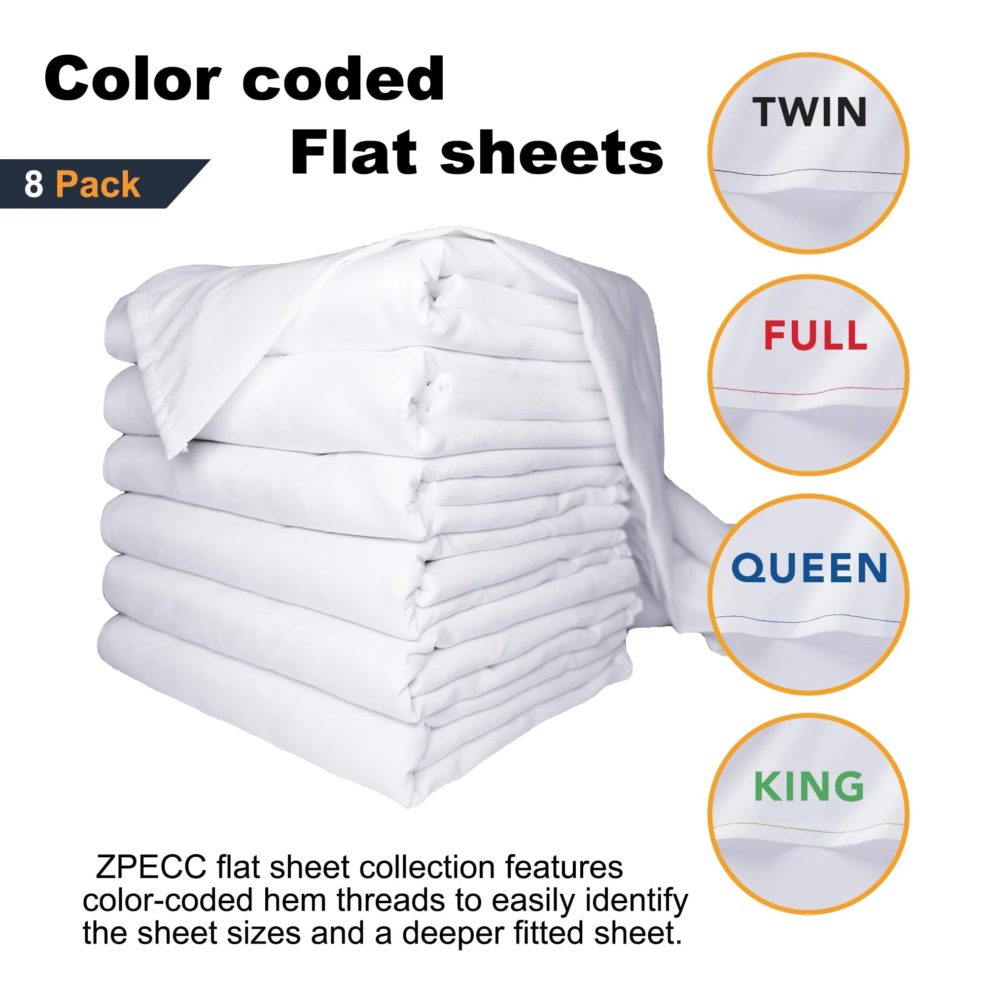8 Pack Twin White Flat Sheets with Color Hems S27668