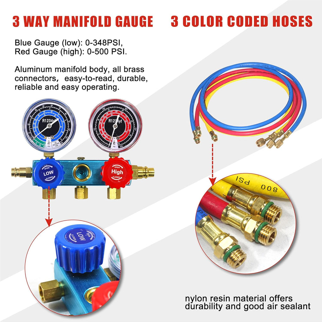 3 Way AC Manifold Gauge Set with 5FT Hose, 2 Adjustable Coupler, Valve Core Remover Spanner Pack of 2 M26461