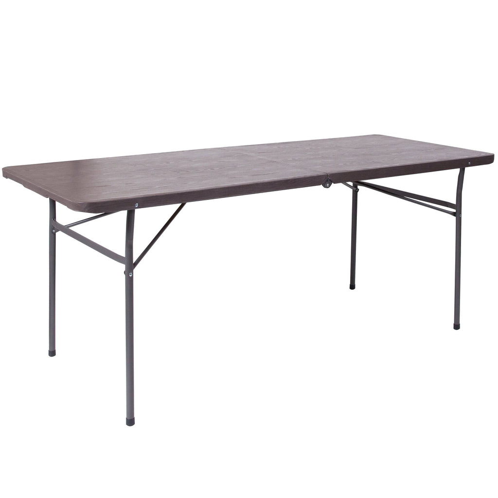 Brown Wood Grain Plastic Folding Table with Carrying Handle F3100