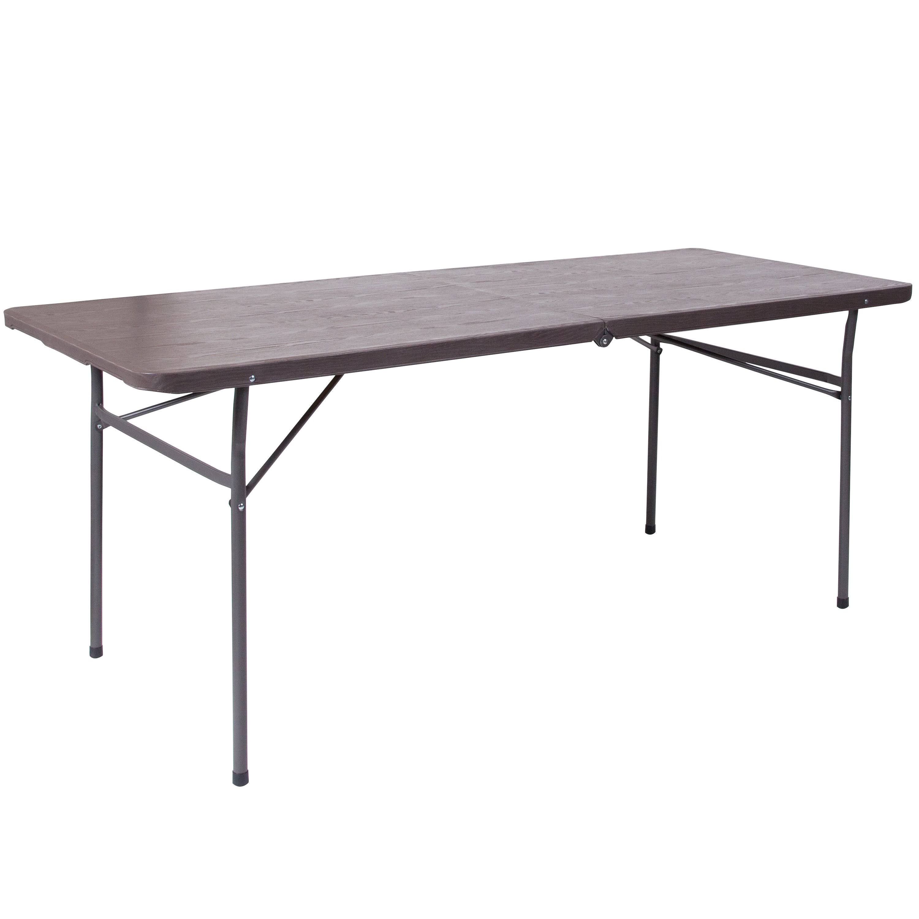 Brown Wood Grain Plastic Folding Table with Carrying Handle F3100