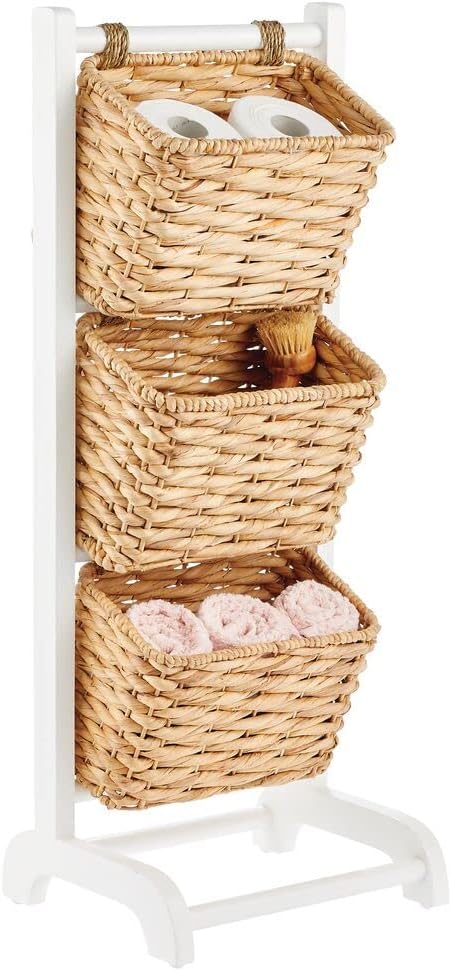 White/Gray Wash 3 Tier Wood Storage Basket Stand U6077