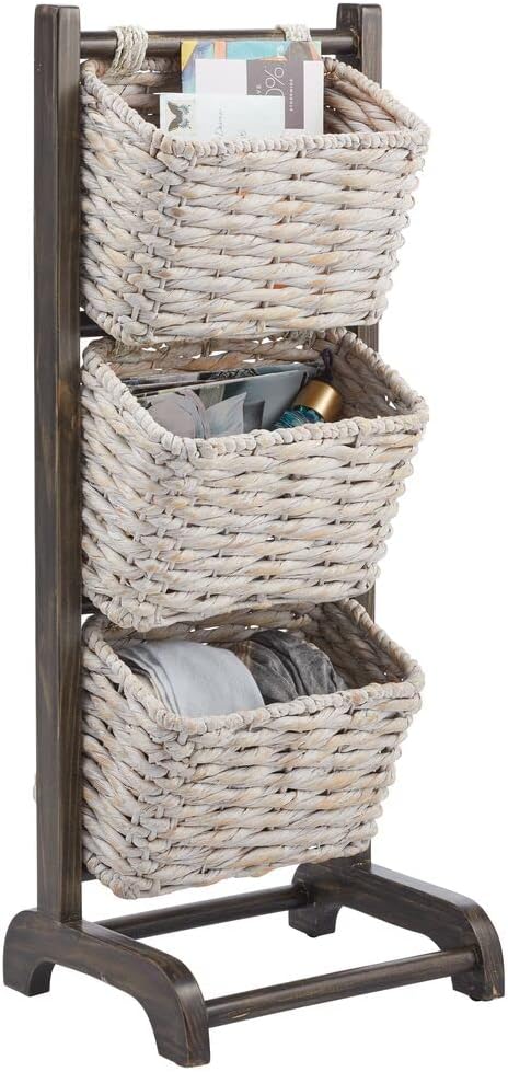 White/Gray Wash 3 Tier Wood Storage Basket Stand U6077
