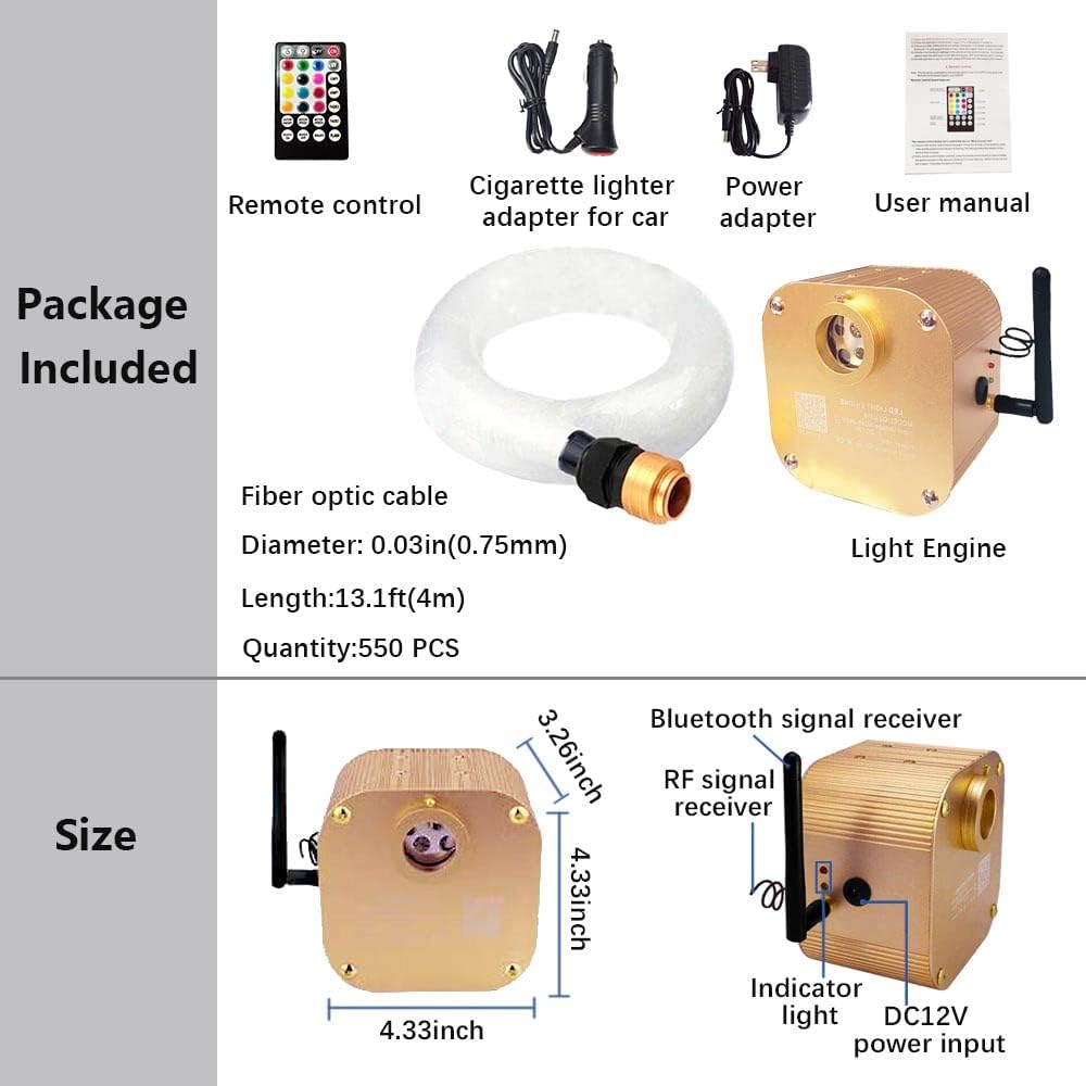 550pcs 0.03in 13.1ft Bluetooth Fiber Optic Star Ceiling Light Kit M93623