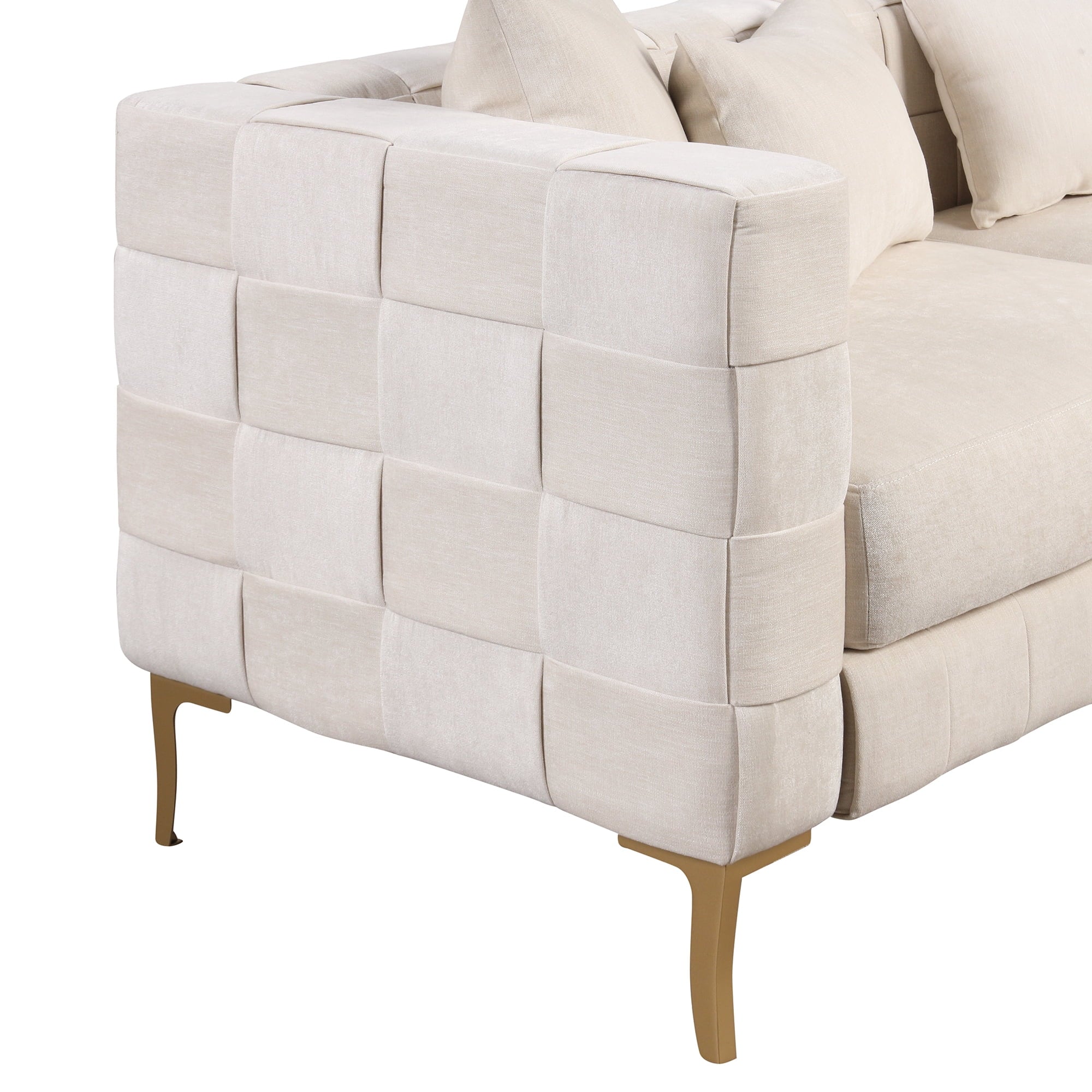 Beige Upholstered Sofa with 4 Pillows and Golden Metal Legs I350618