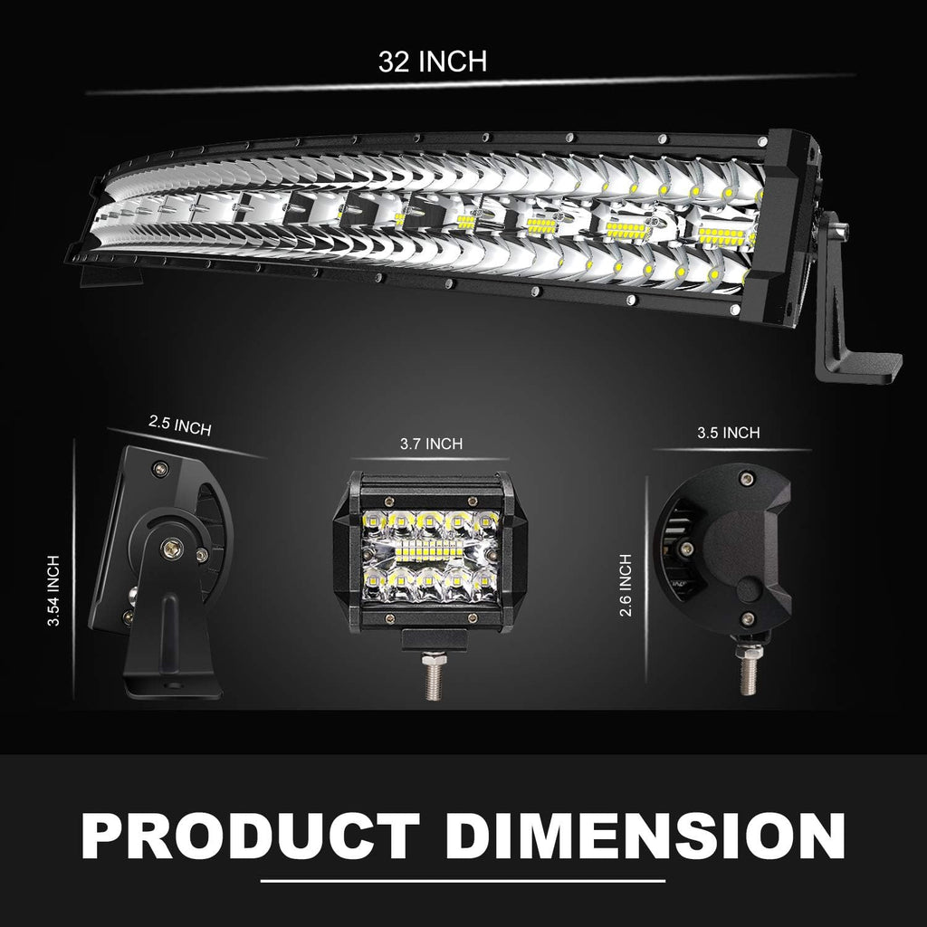 32Inch Curved LED Light Bar Kit with 2X 4Inch 60W LED Cube Light Pods Wiring Harness Spot Flood Combo Work Lights A592003