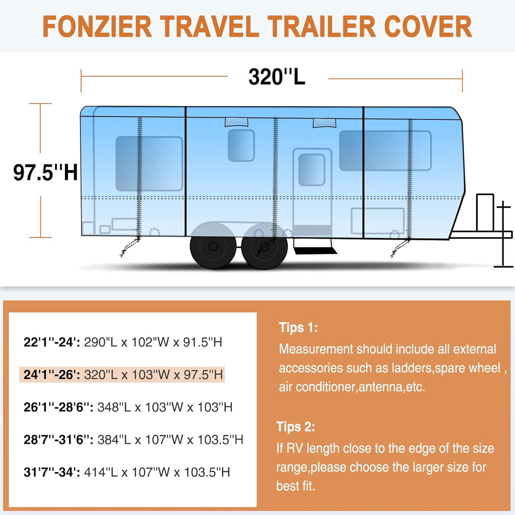 Heavy Duty 6 Layers Travel Trailer RV Cover Anti-UV Camper Cover for 24'1" - 26' Motorhome Breathable Rip-Stop with 2Pcs Extra Straps & Gutter Spout Covers J95514