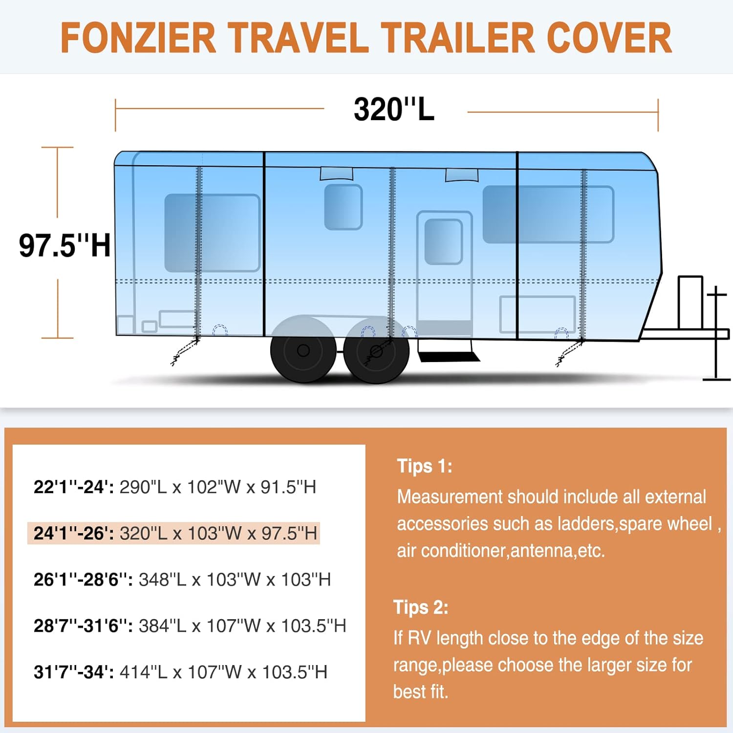 Heavy Duty 6 Layers Travel Trailer RV Cover Anti-UV Camper Cover for 24'1" - 26' Motorhome Breathable Rip-Stop with 2Pcs Extra Straps & Gutter Spout Covers J95514