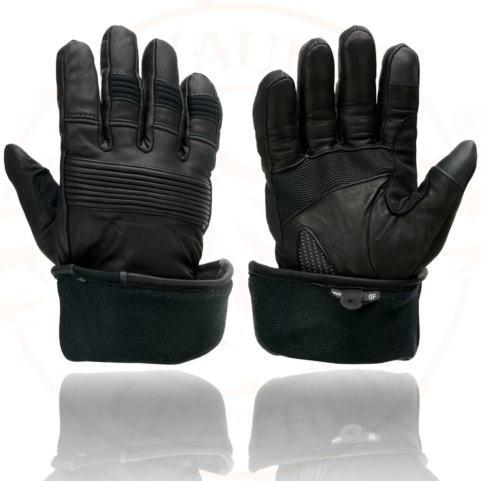 Black Cowhide Leather Gauntlet Motorcycle Gloves E45408