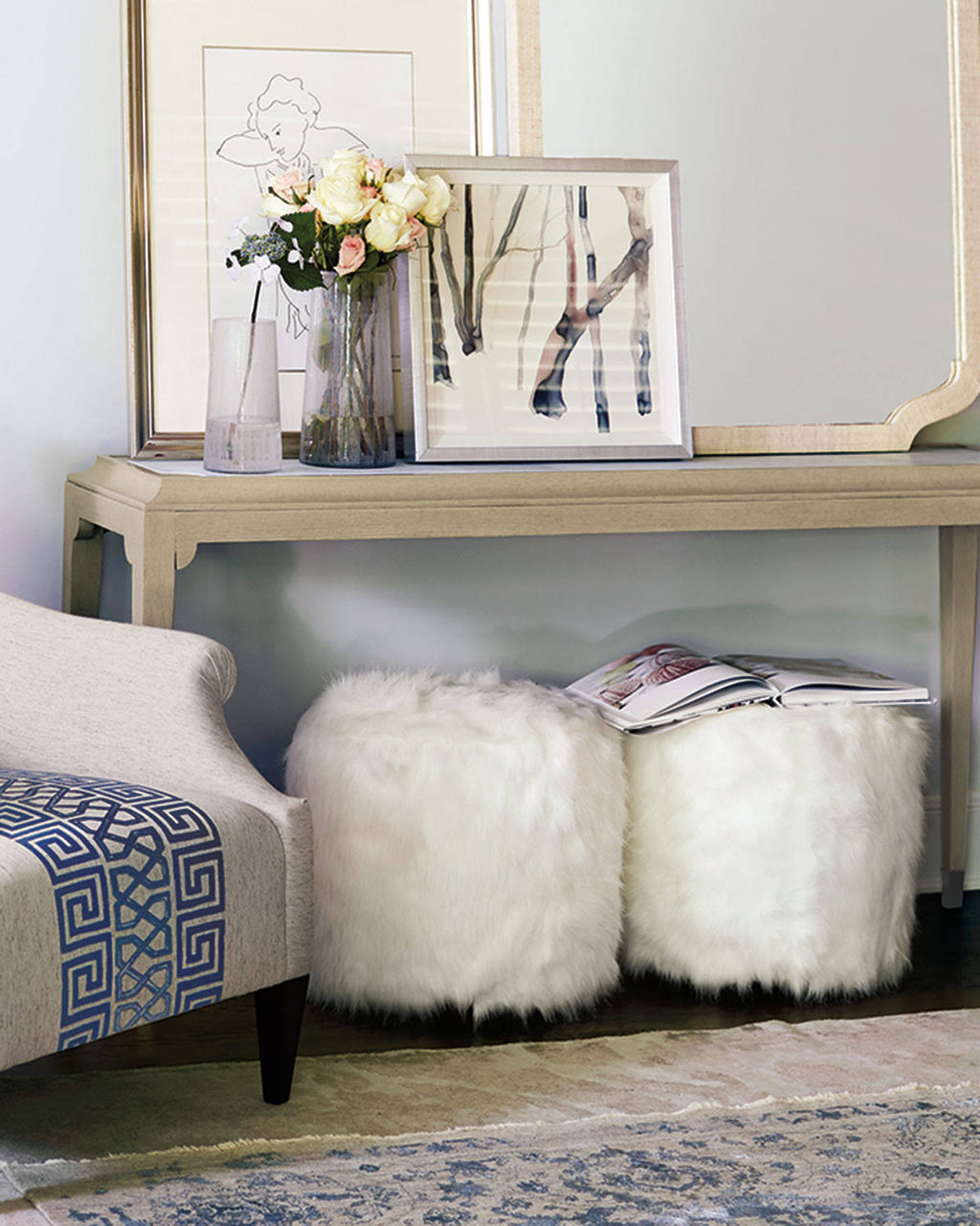 Ivory Faux Fur Ottoman R661278