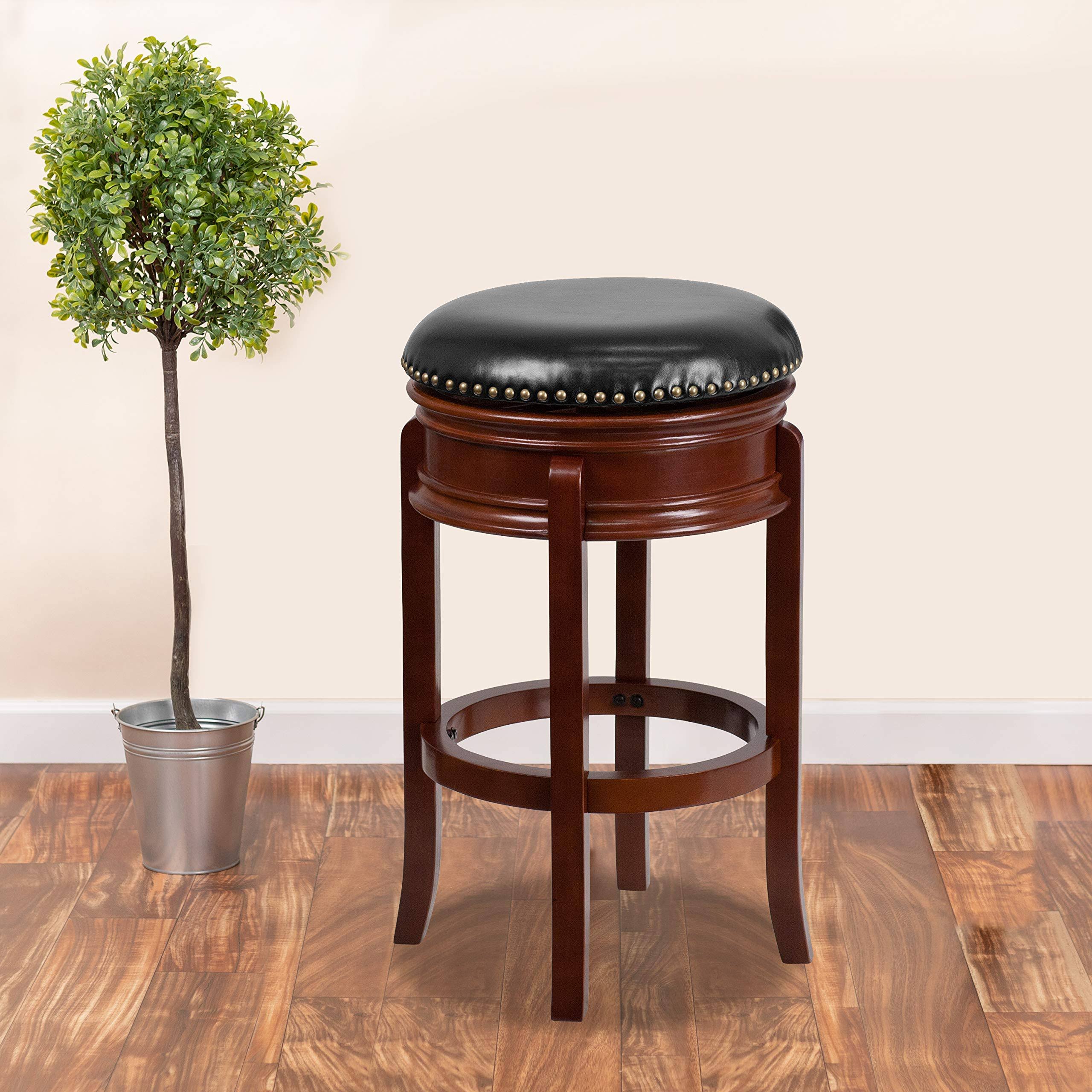 Light Cherry Wood Barstool with Black Leather Swivel Seat U6294