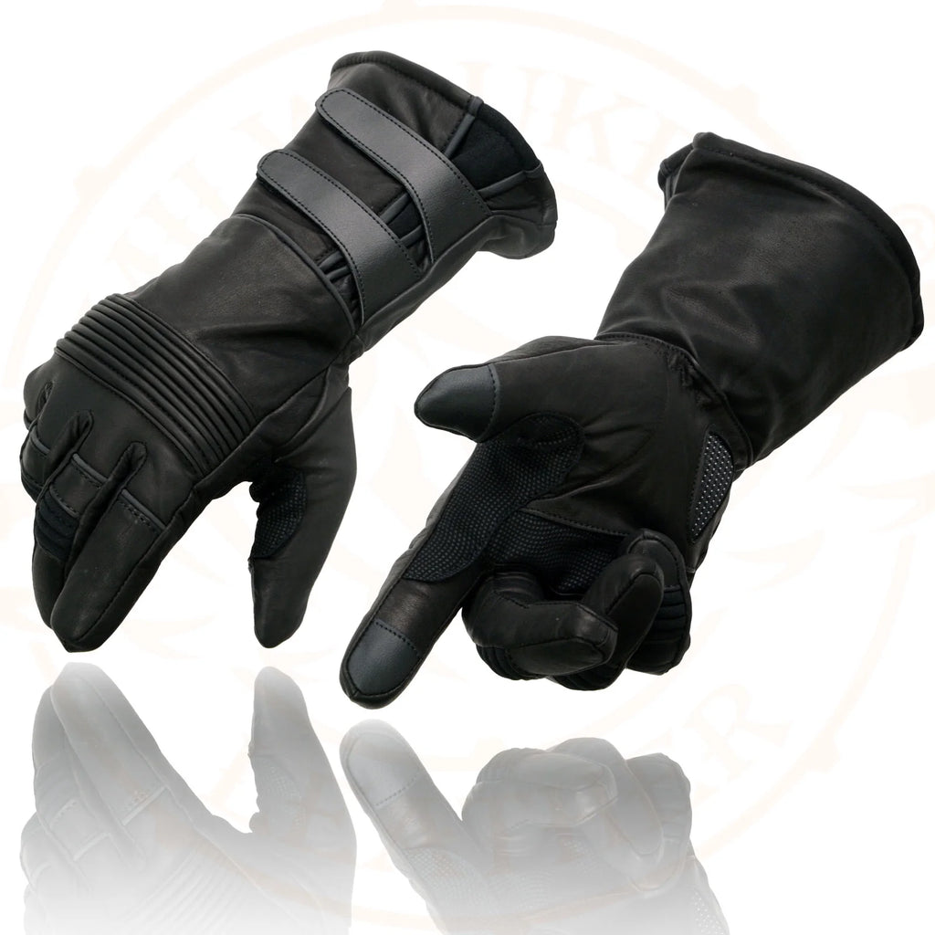 Black Cowhide Leather Gauntlet Motorcycle Gloves E45408