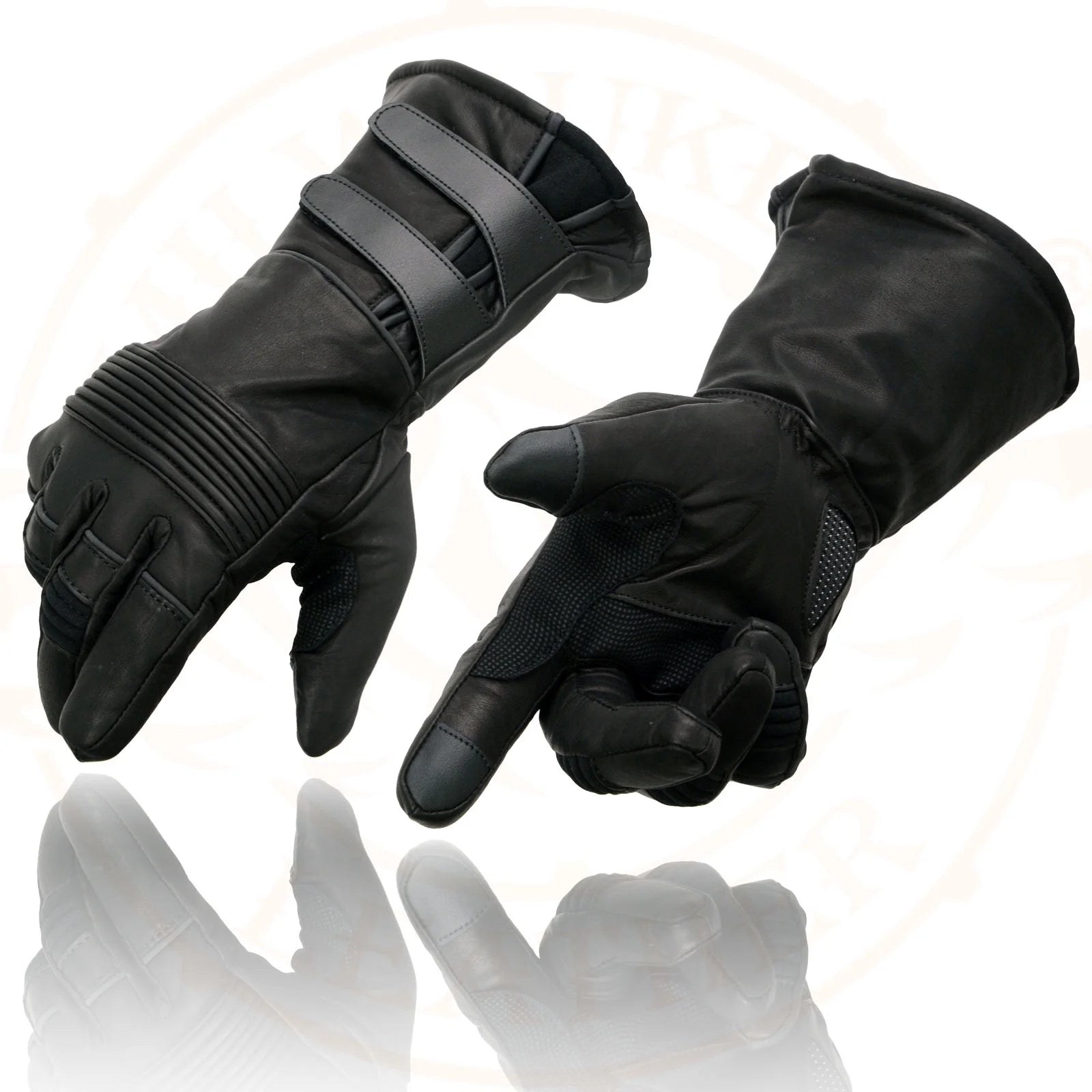 Black Cowhide Leather Gauntlet Motorcycle Gloves E45408