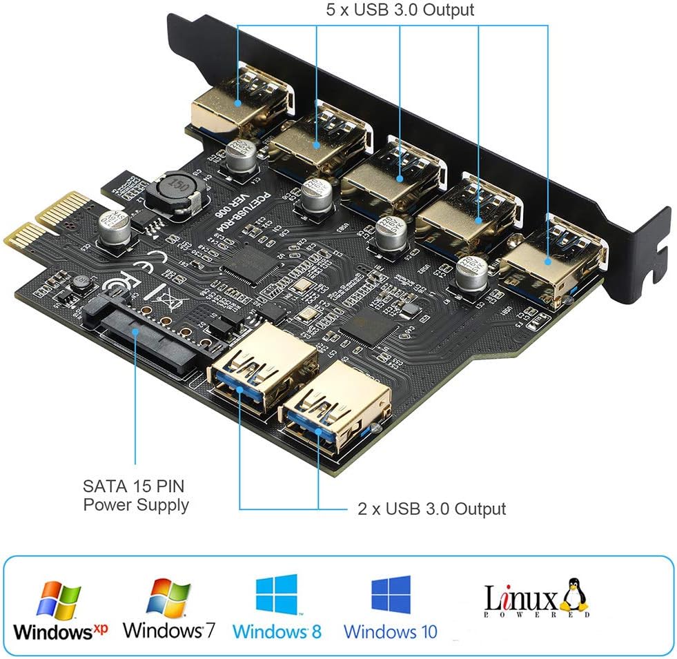 USB PCIe to USB 3.0 7 Ports Expansion Card with 15-Pin SATA Power Connector, Pack of 2 I993450