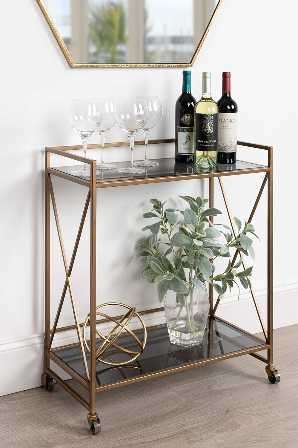 Black Glass 2-Shelf Bar Cart with Locking Wheels P858023
