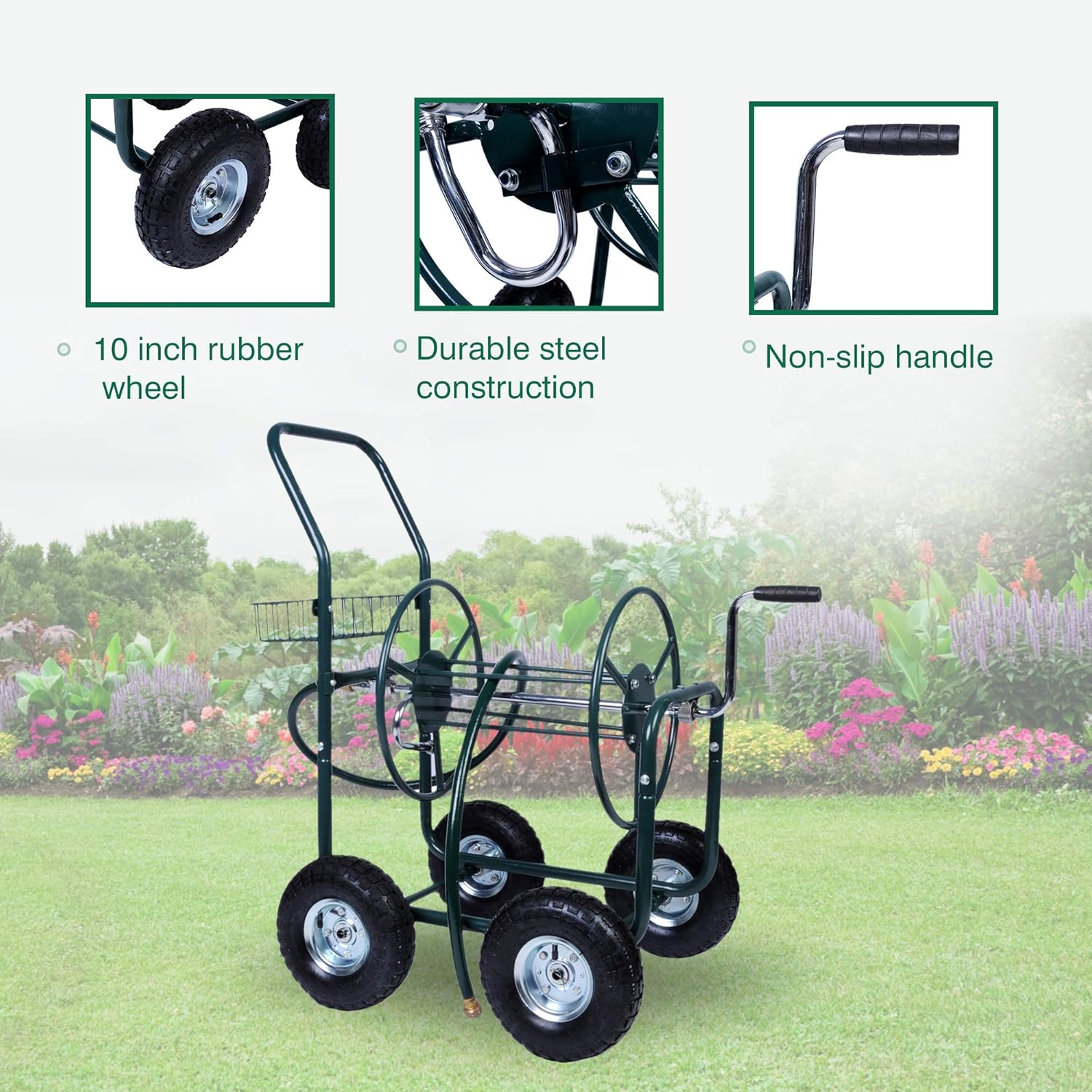 4 Wheel Garden Hose Reel Cart with Storage Basket G15026