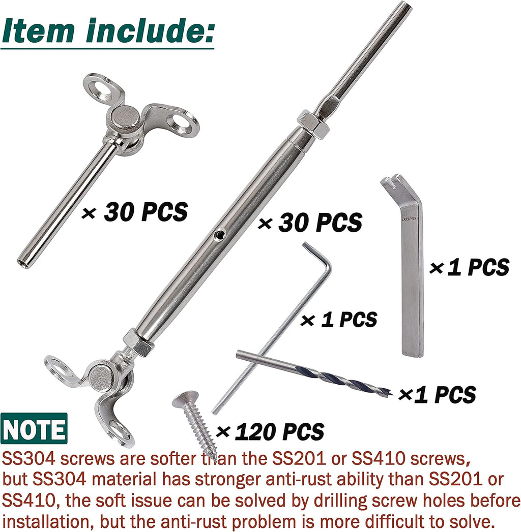 T316-Stainless Steel Adjustable Angle 1/8 Cable Railing Kit/Hardware for Wood Post (30 Pack) W71716
