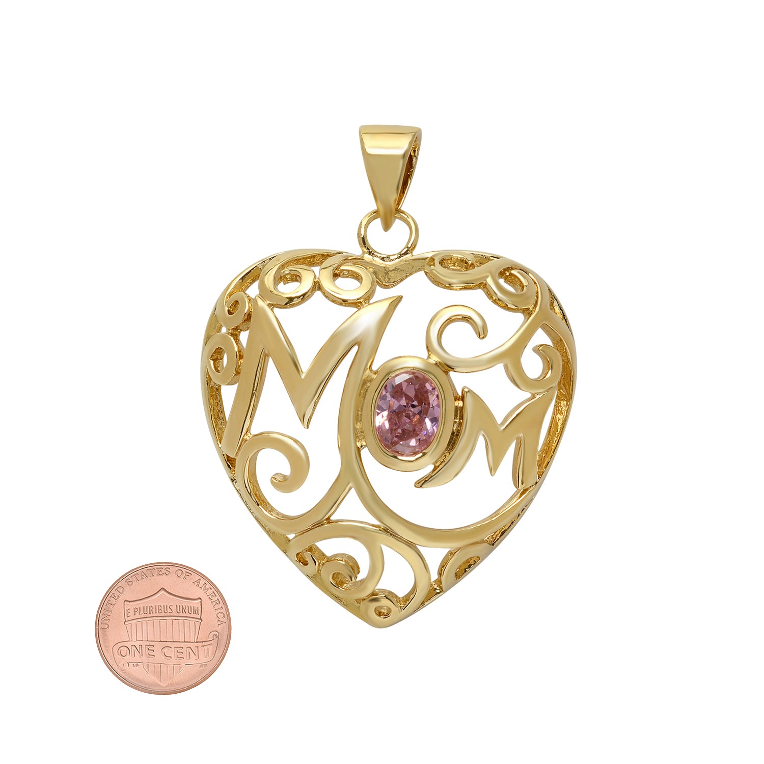 Gold Plated Open Scrolled Heart Pendant with Pink Oval CZ B211