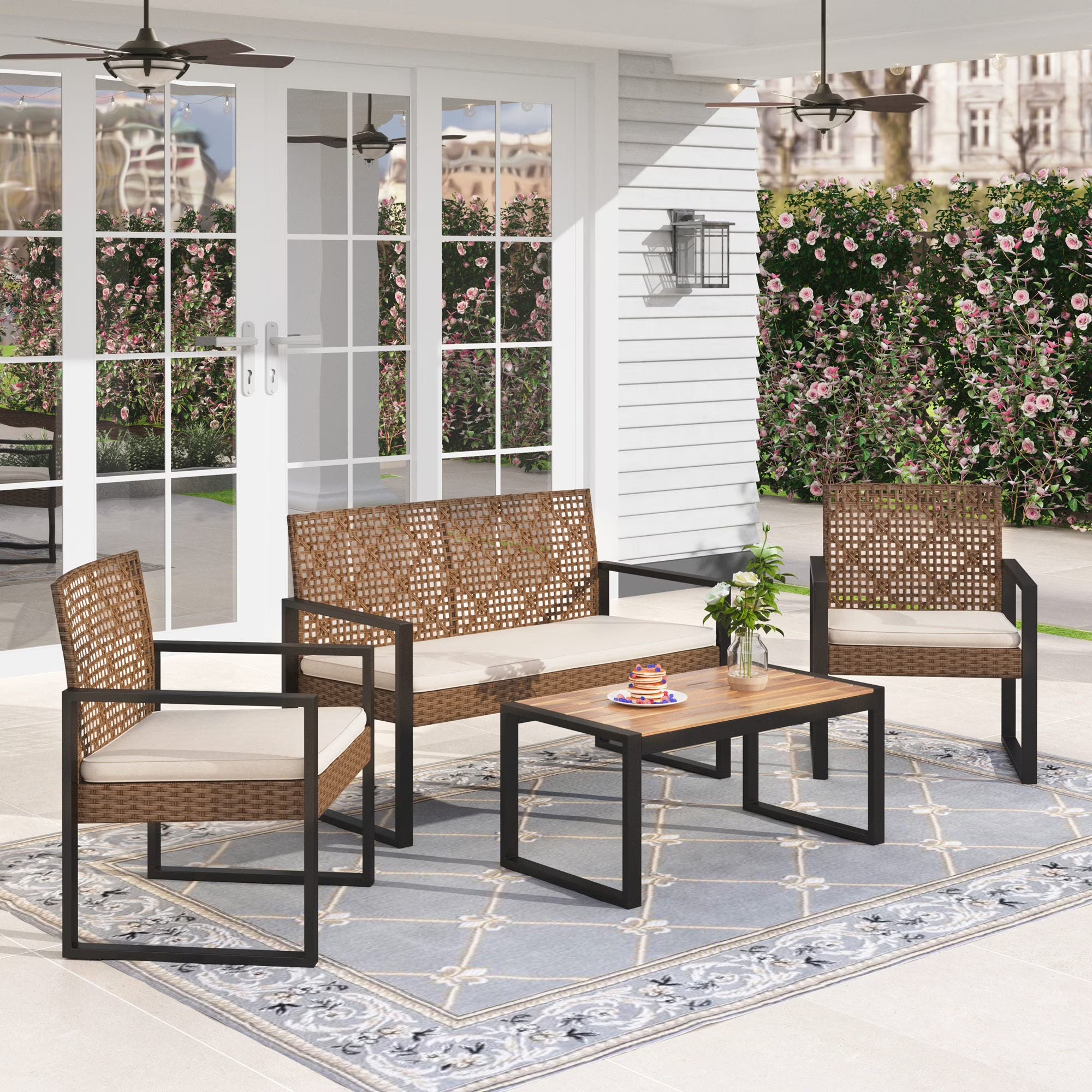 Beige 4 Piece Wicker Outdoor Conversation Set O9577