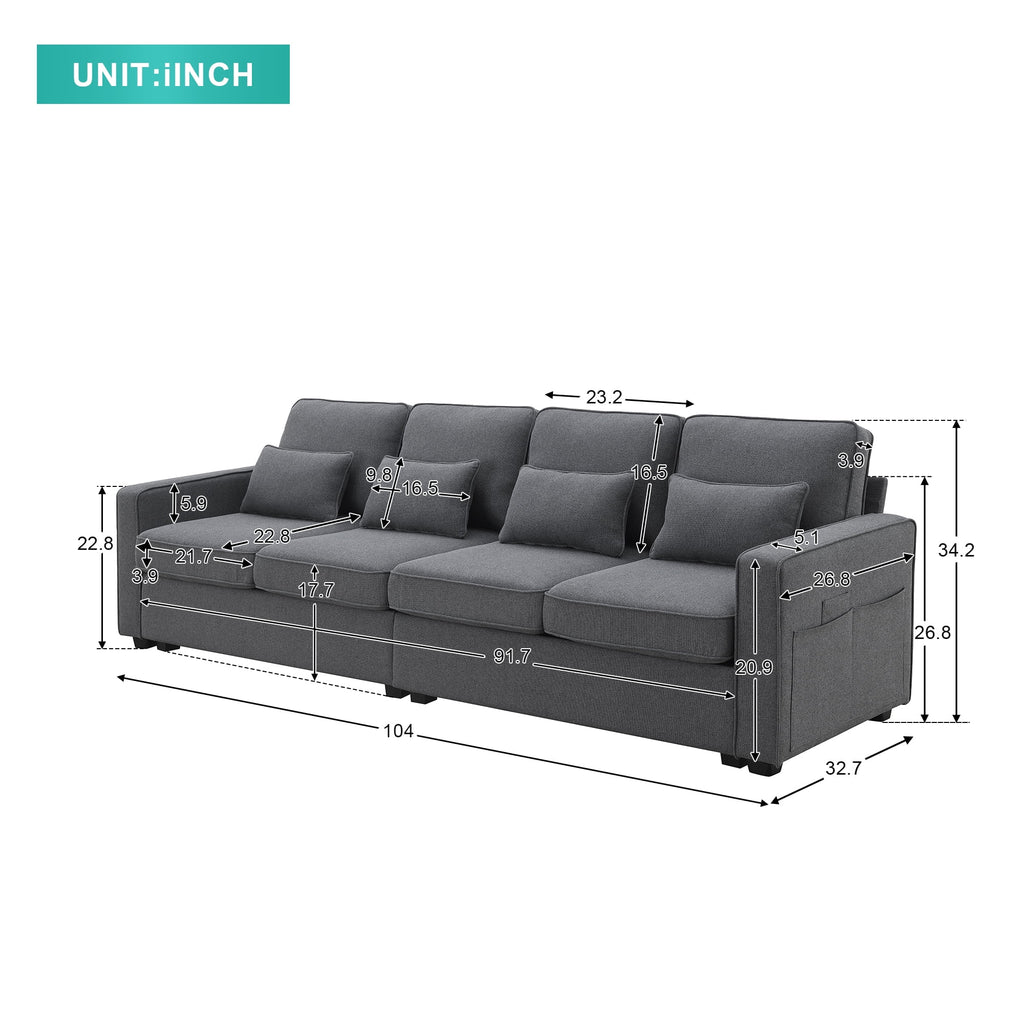 104" 4-Seater Linen Fabric Sofa with Armrest Pockets and 4 Pillows L379379