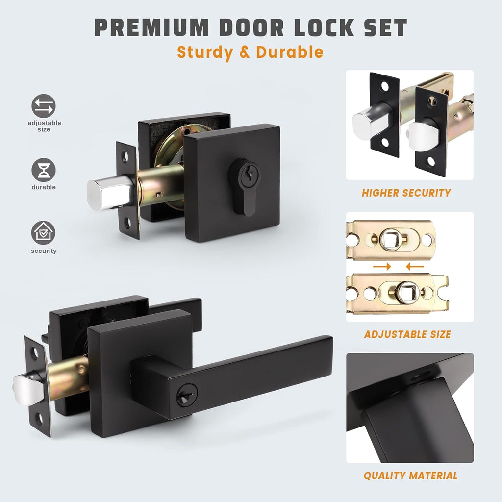3 Pack Keyed Alike Heavy Duty Entrance Lever Door Handle with Single Keyed Square Deadbolt Set E50363