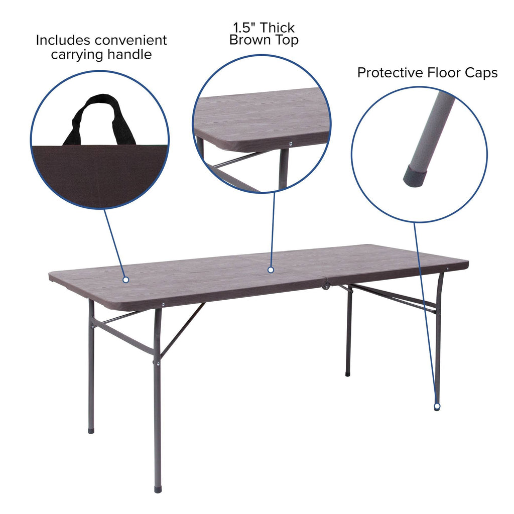 Brown Wood Grain Plastic Folding Table with Carrying Handle F3100