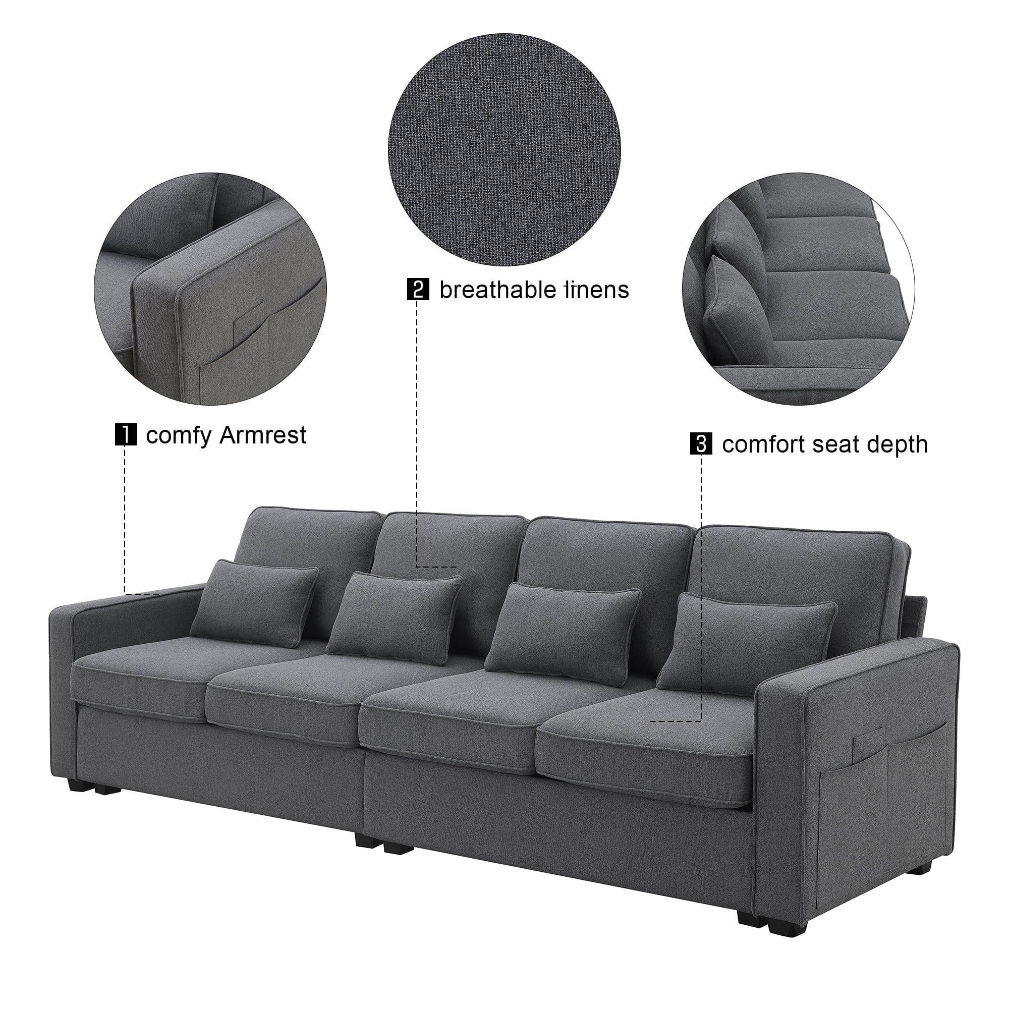 104" 4-Seater Linen Fabric Sofa with Armrest Pockets and 4 Pillows L379379