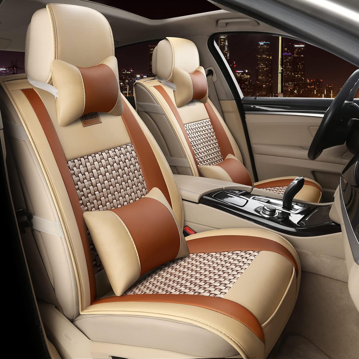 Khaki Black 2PCS Leather Car Seat Cover Y16569