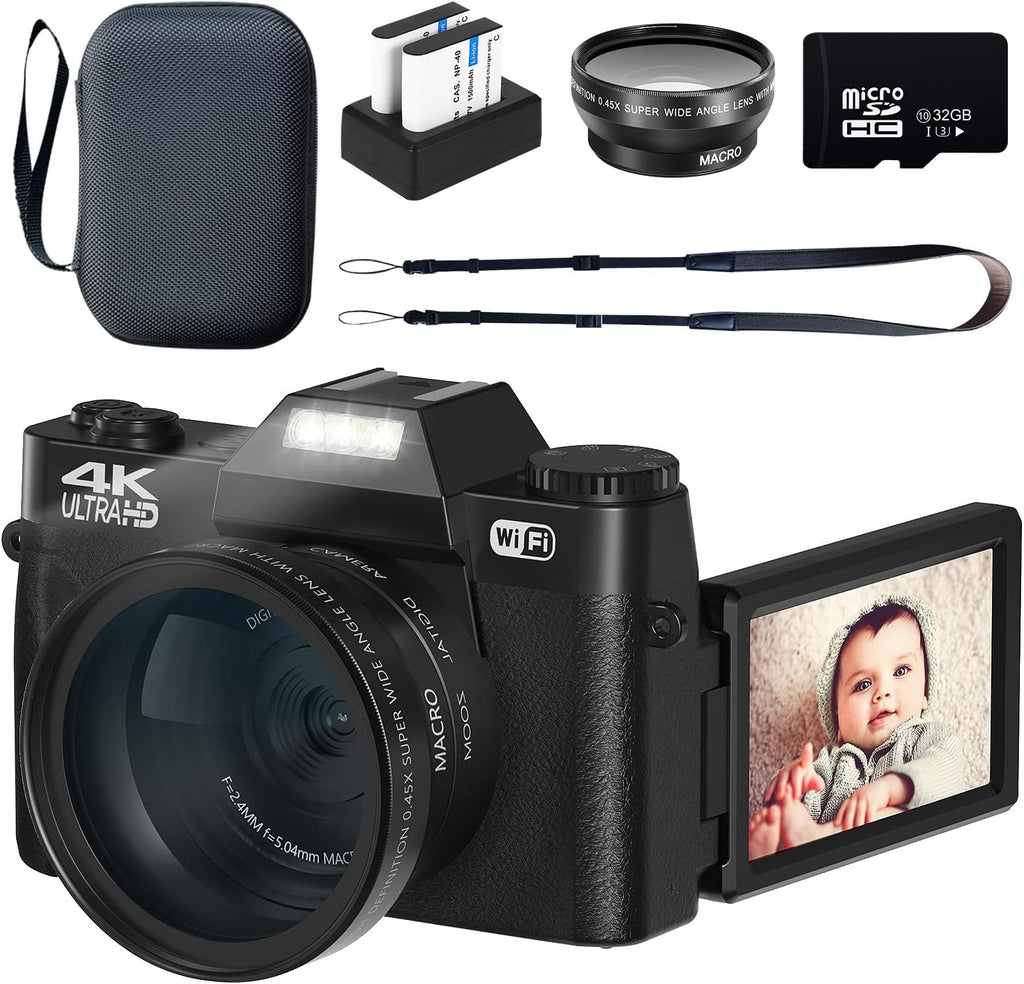 Black 4K 48MP Digital Camera with WiFi, 180° Flip Screen, 32GB SD Card, 2 Batteries I235
