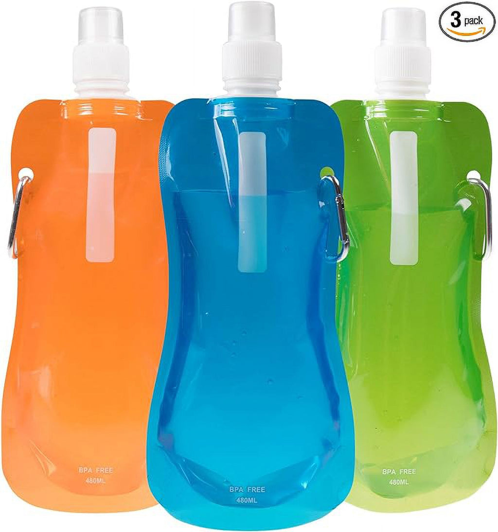 Collapsible Sports Water Bottle 3 Pack, 480 mL Capacity, Blue, Orange, and Green I7774