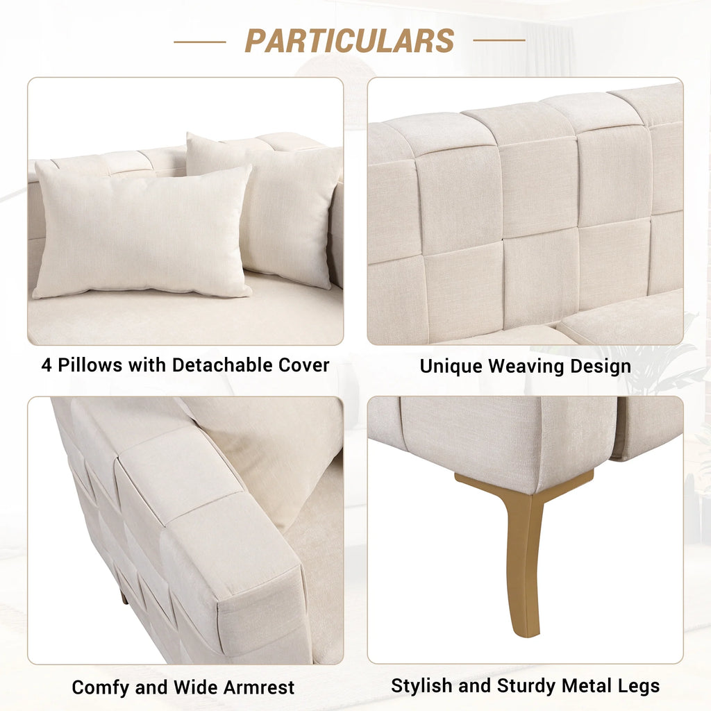 Beige Upholstered Sofa with 4 Pillows and Golden Metal Legs I350618