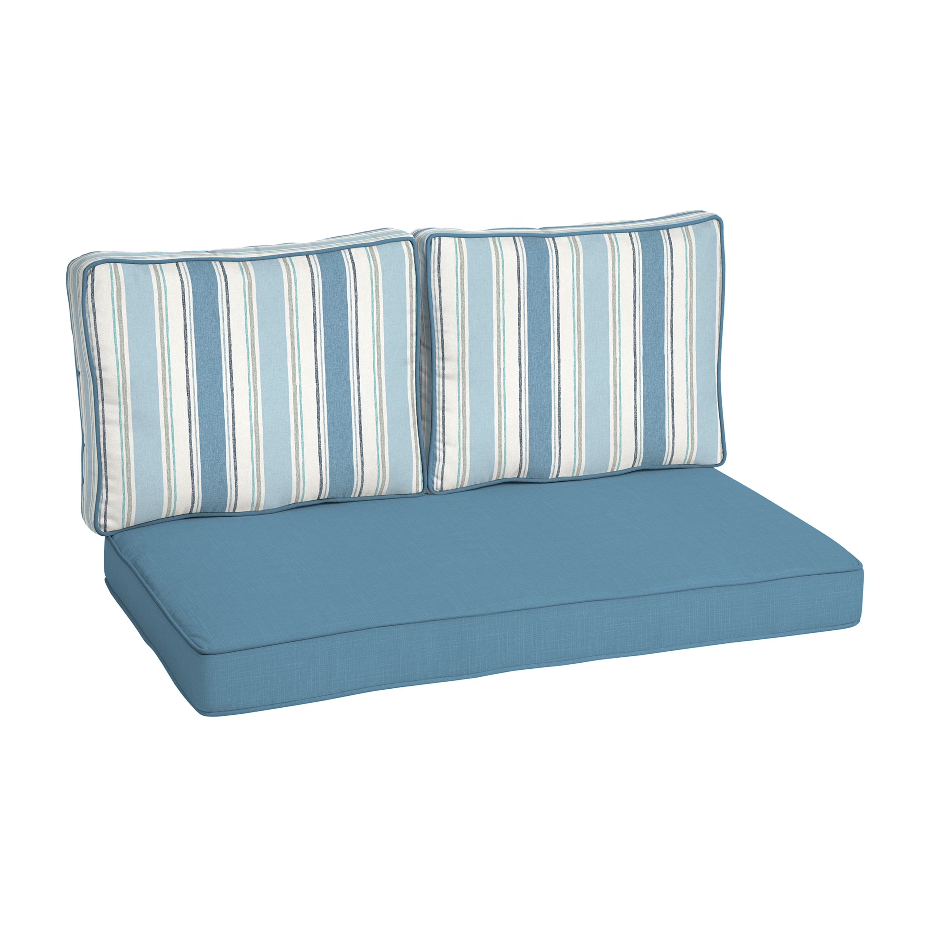 French Blue Linen Stripe Outdoor Loveseat Cushion Set J2197