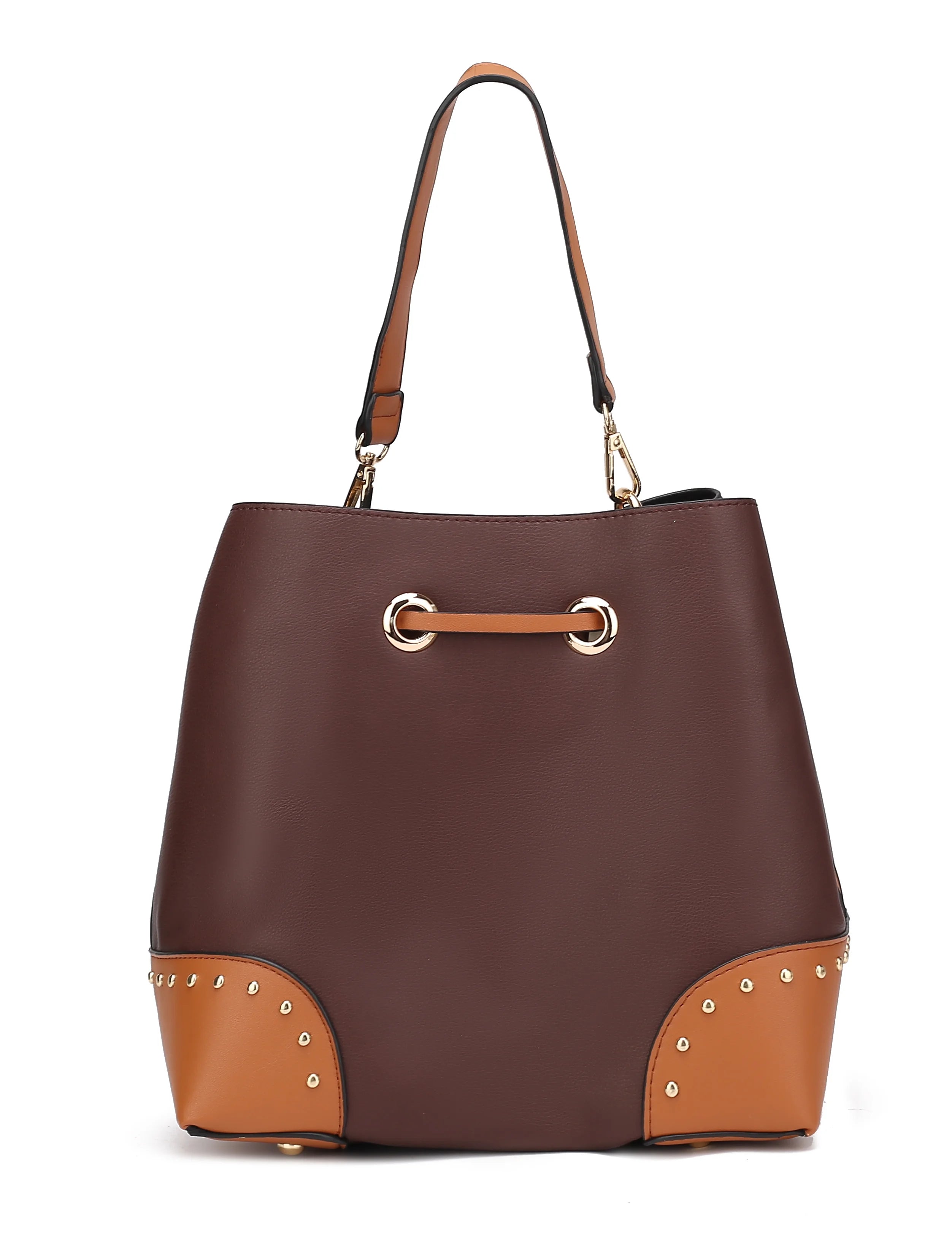 Coffee Cognac Vegan Leather Bucket Bag and Wristlet Wallet 2-Piece Set S6448