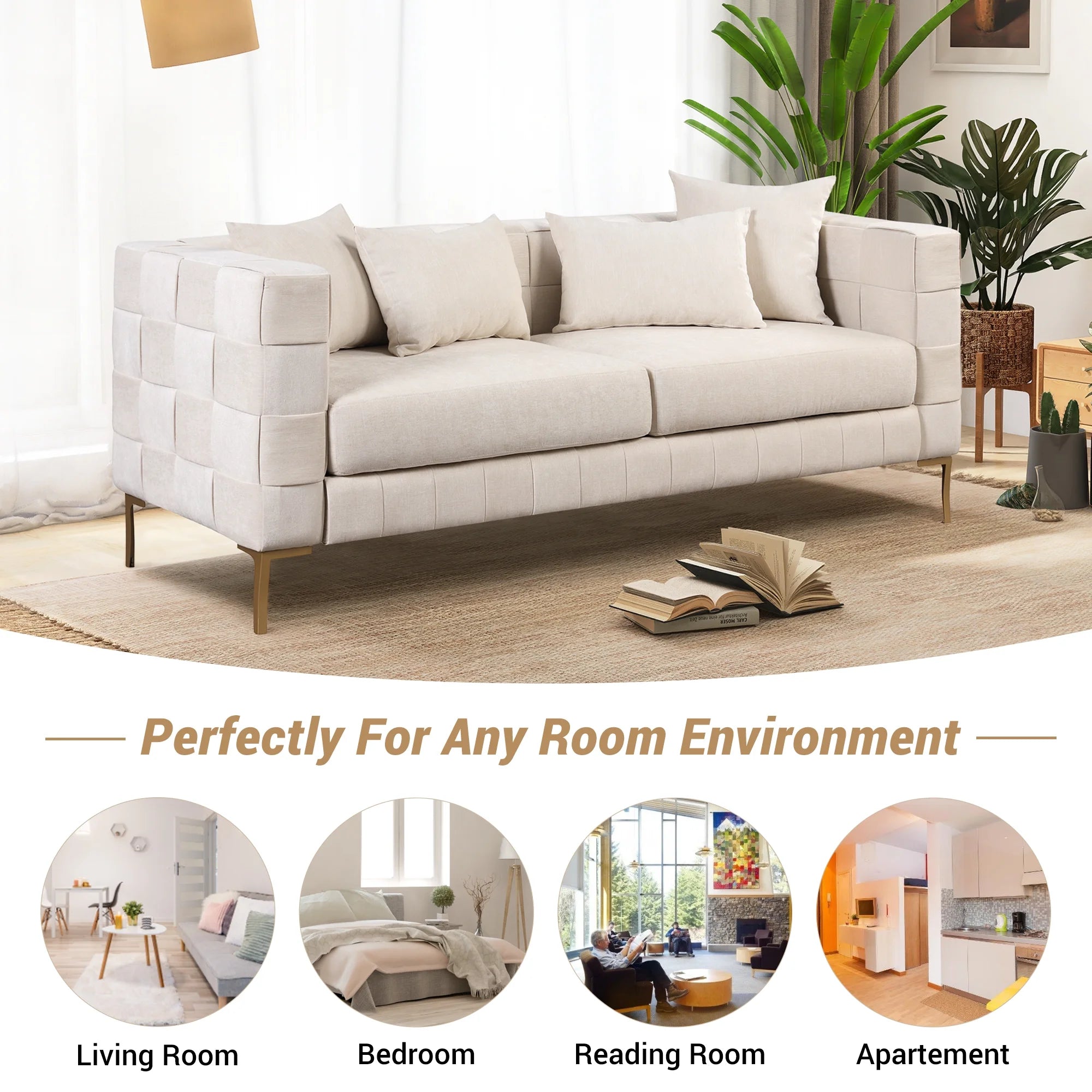 Beige Upholstered Sofa with 4 Pillows and Golden Metal Legs I350618