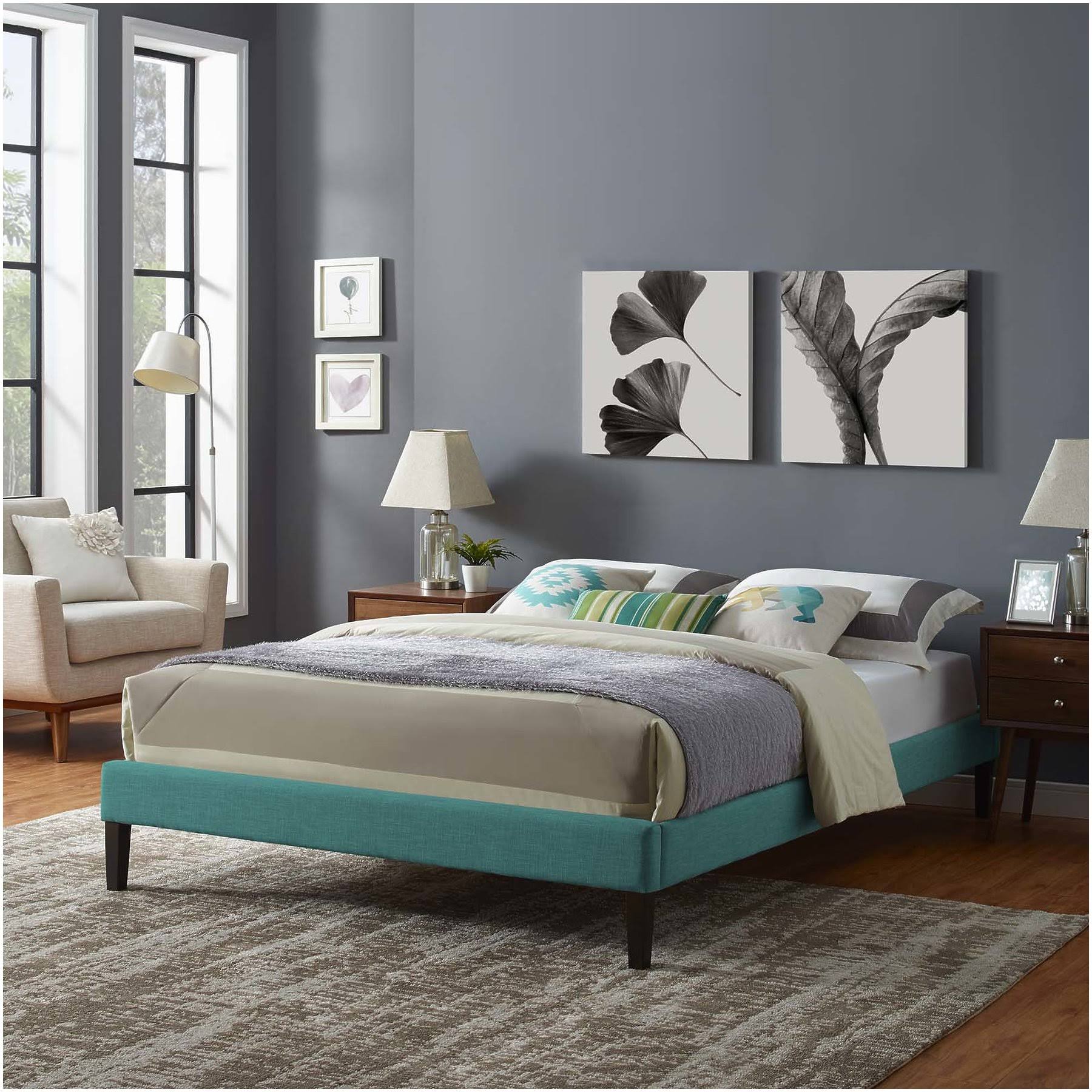Teal Queen Fabric Bed Frame with Squared Tapered Legs U58800