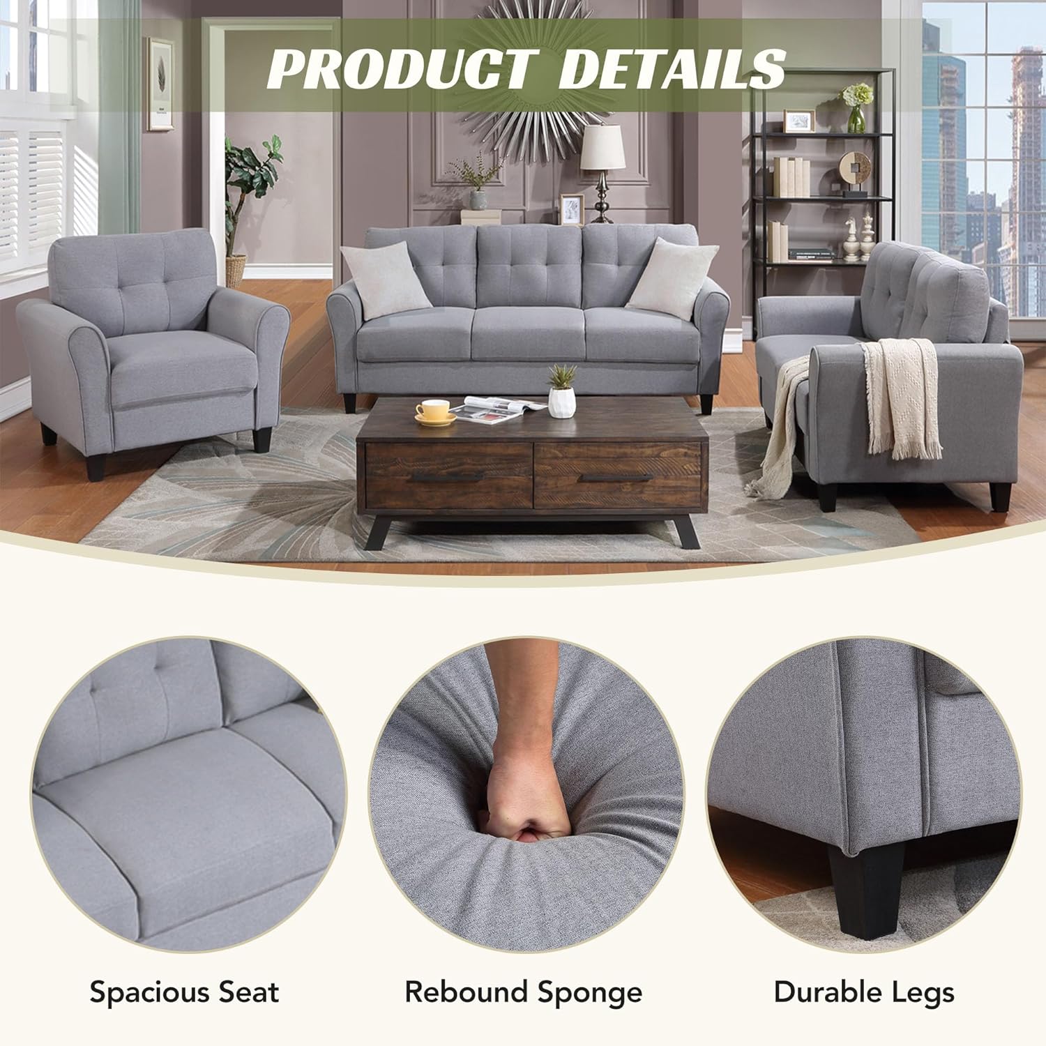 Light Grey-Blue 3-Seat Sectional Sofa Set I660