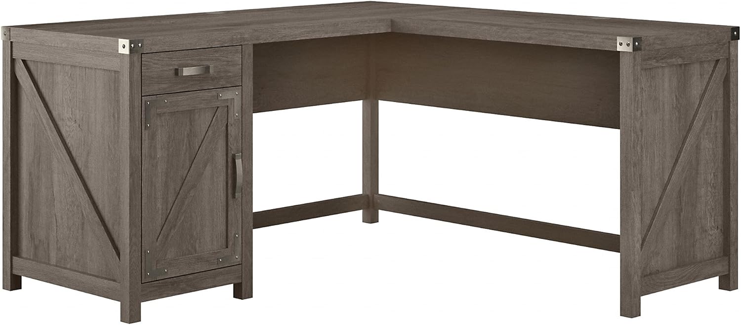 60W Cottage White L Shaped Desk with Drawer and Storage Cabinet C69998