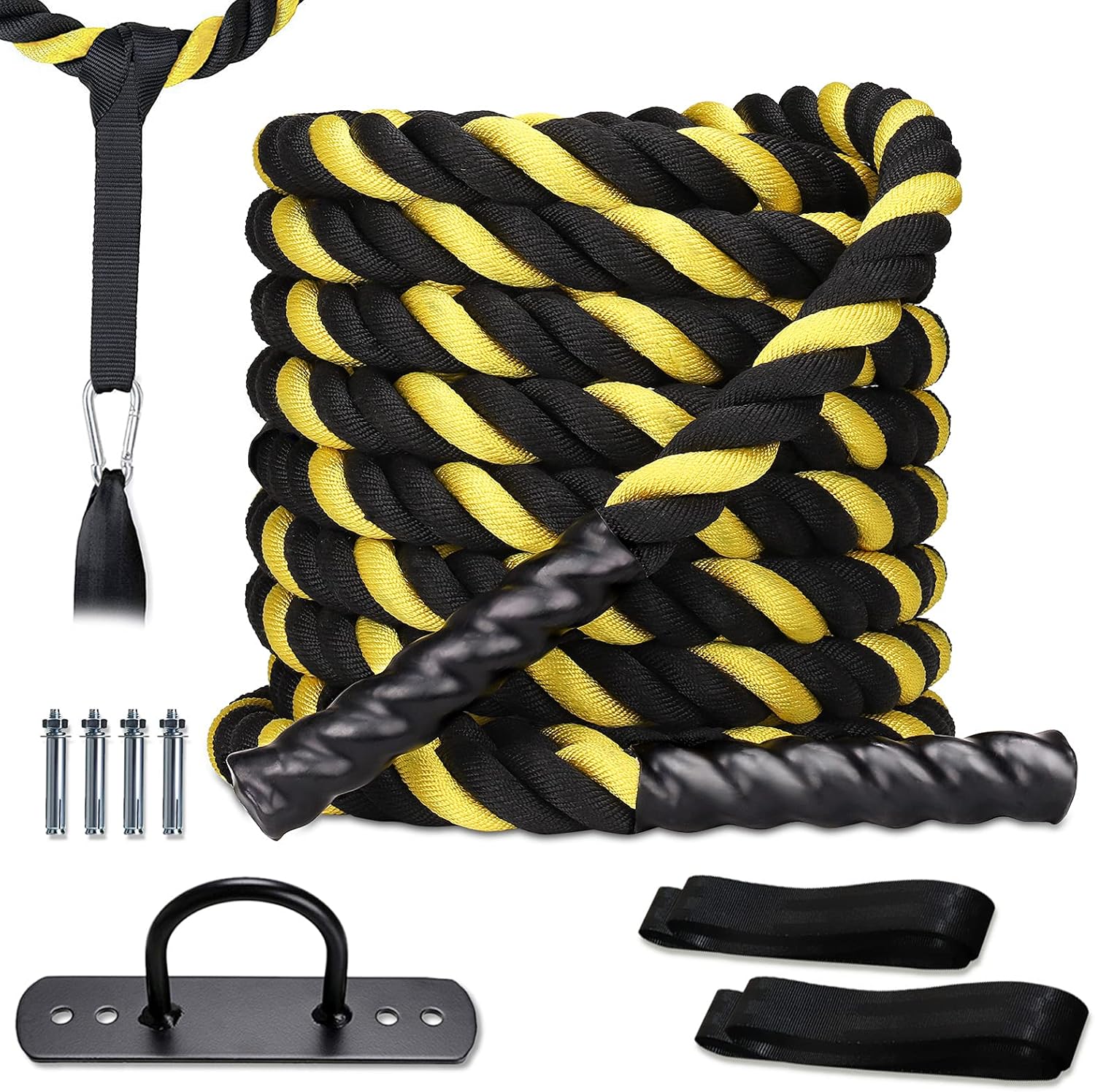 Heavy Battle Rope with Polyester Cover, Anchor Strap, Wall Mount Kit, Yellow Y1755