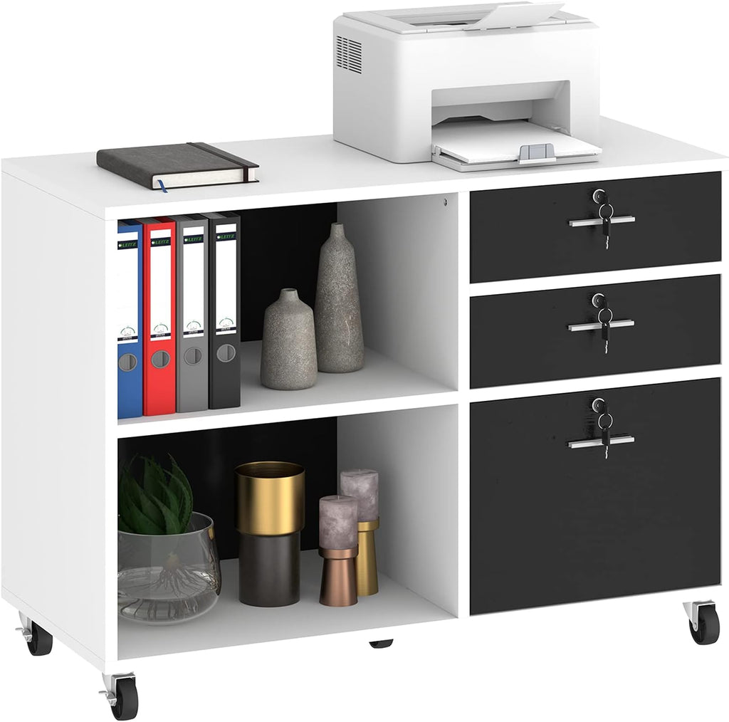White 3 Drawer Wood File Cabinet with 2 Open Shelves R497