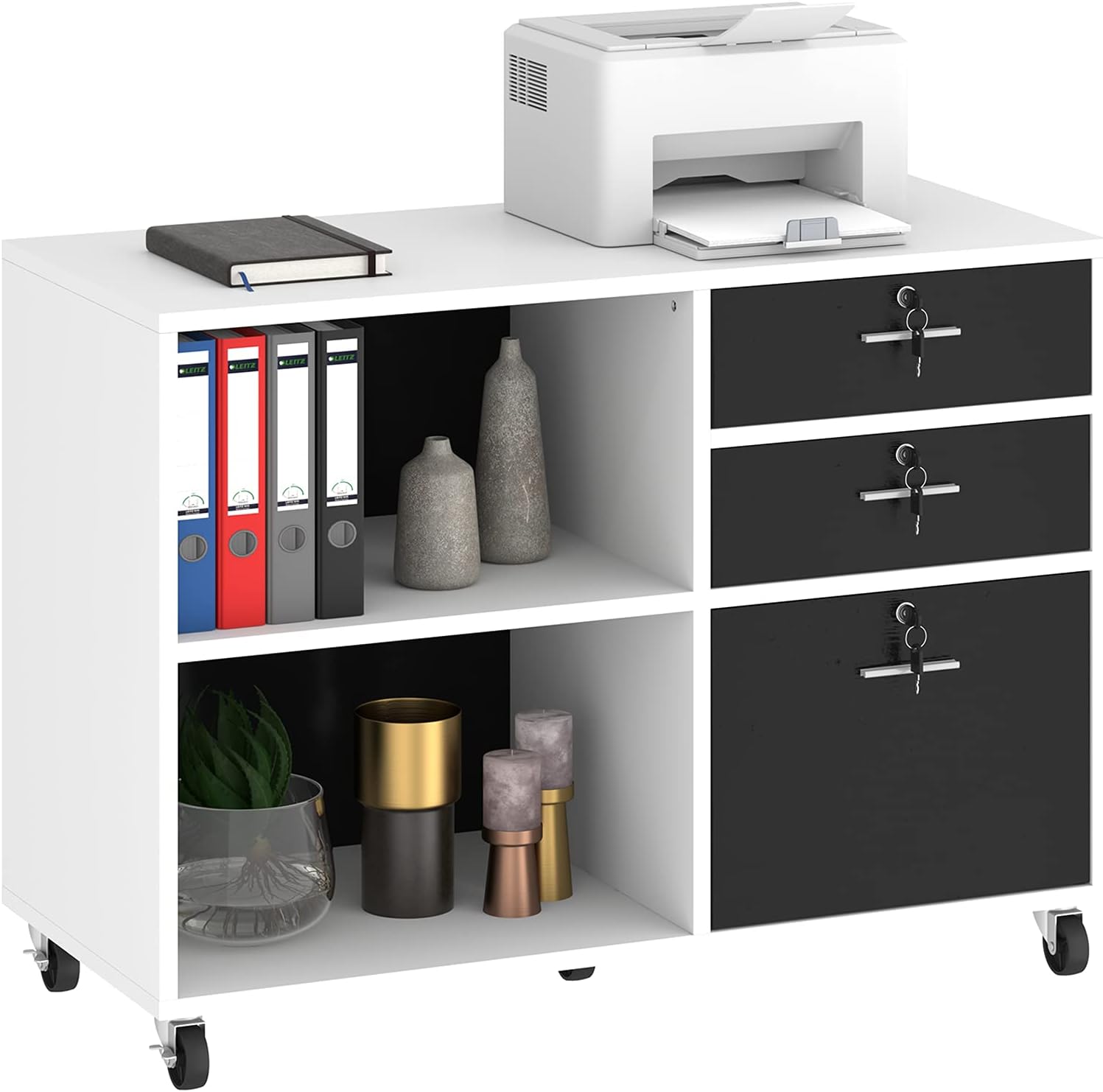 White 3 Drawer Wood File Cabinet with 2 Open Shelves R497