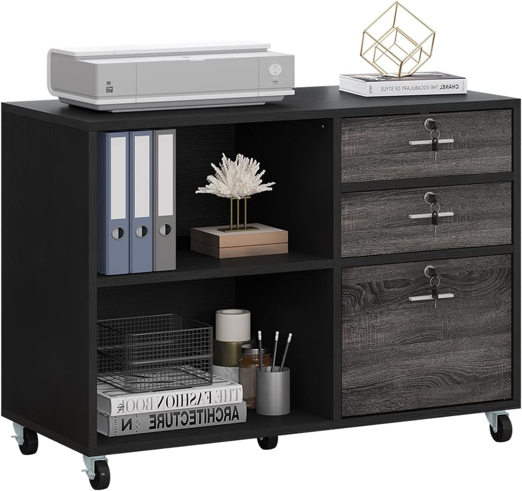 White 3 Drawer Wood File Cabinet with 2 Open Shelves R497
