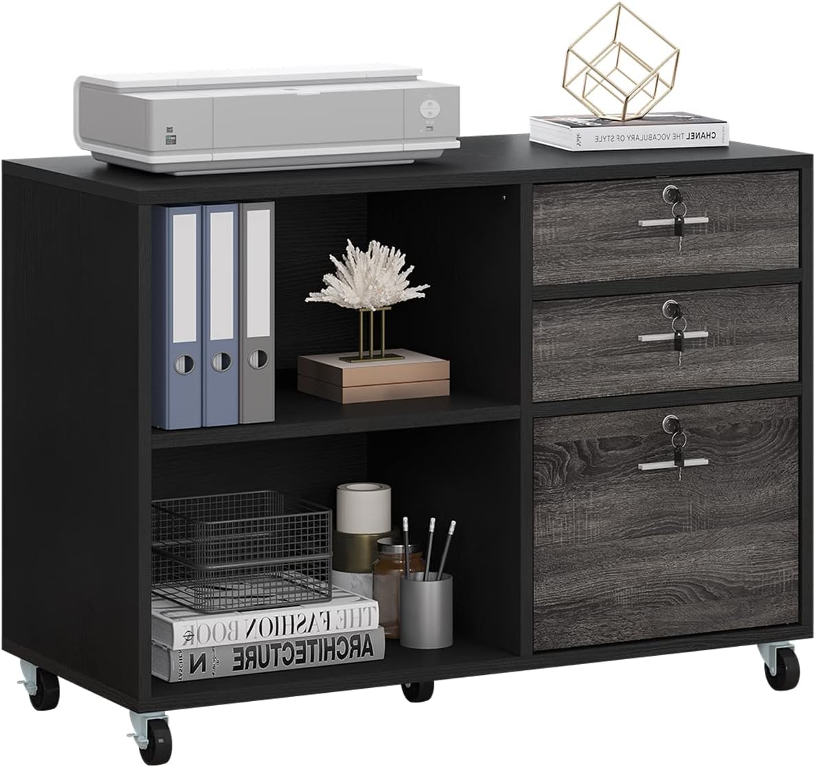 White 3 Drawer Wood File Cabinet with 2 Open Shelves R497
