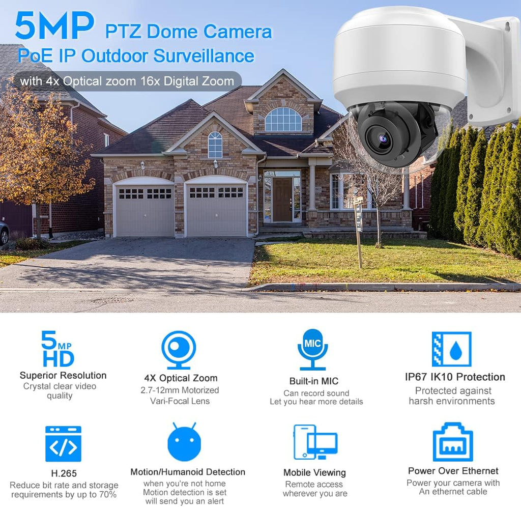 5MP PTZ PoE Dome IP Camera Outdoor with Mic/Audio, 4X Optical Zoom, 164ft Night Vision, H.265, IP67 Waterproof N174875