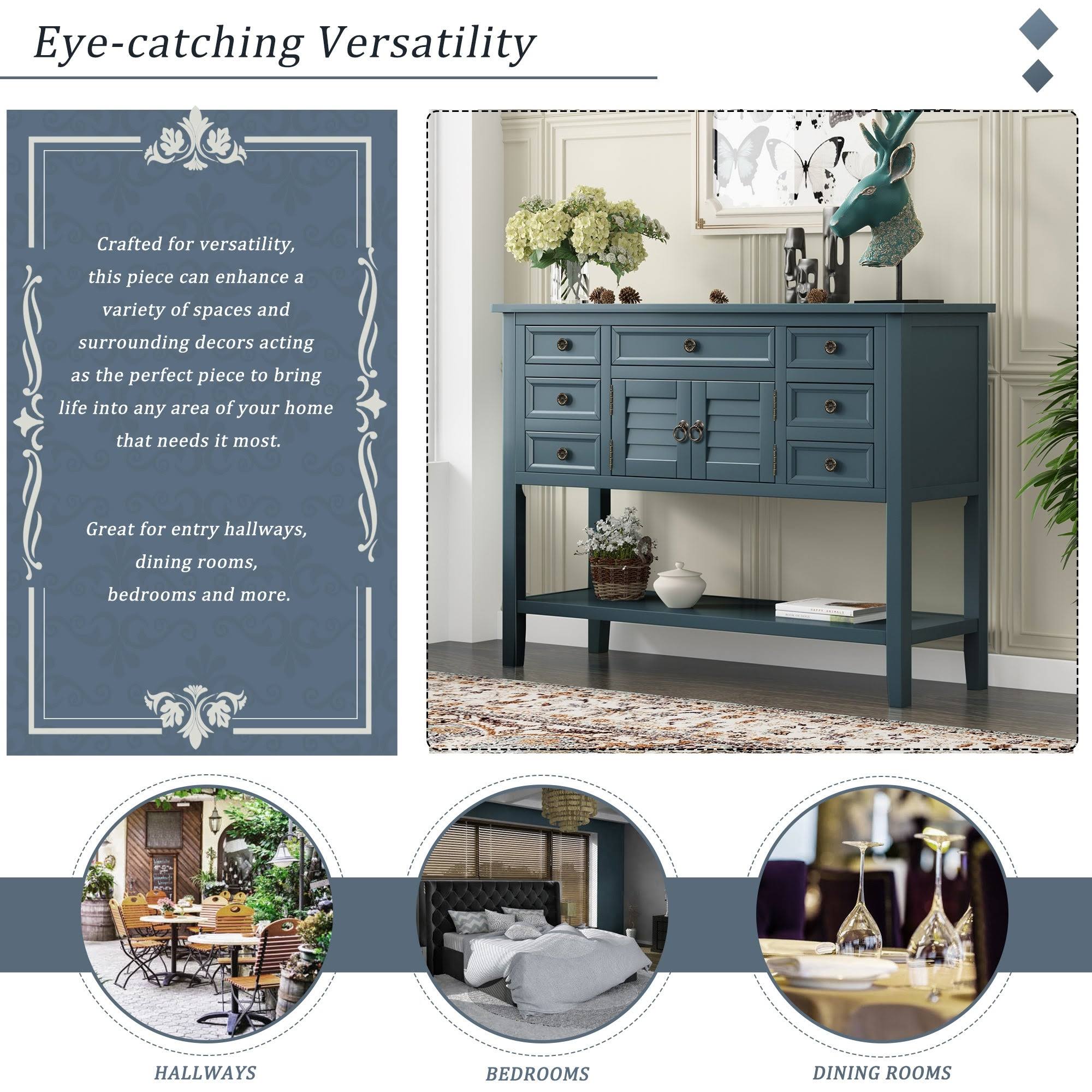 Blue Wood Console Table with 7 Storage Drawers and 1 Shelf Z7205