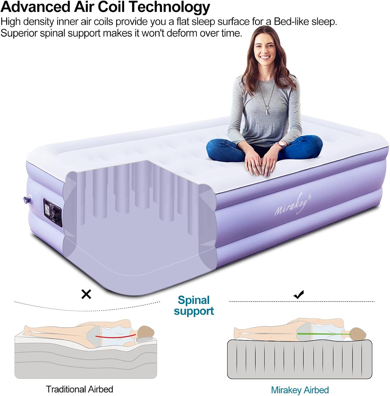 Light Blue White Velvet Flocked Twin Air Mattress with Built in Pump B16281